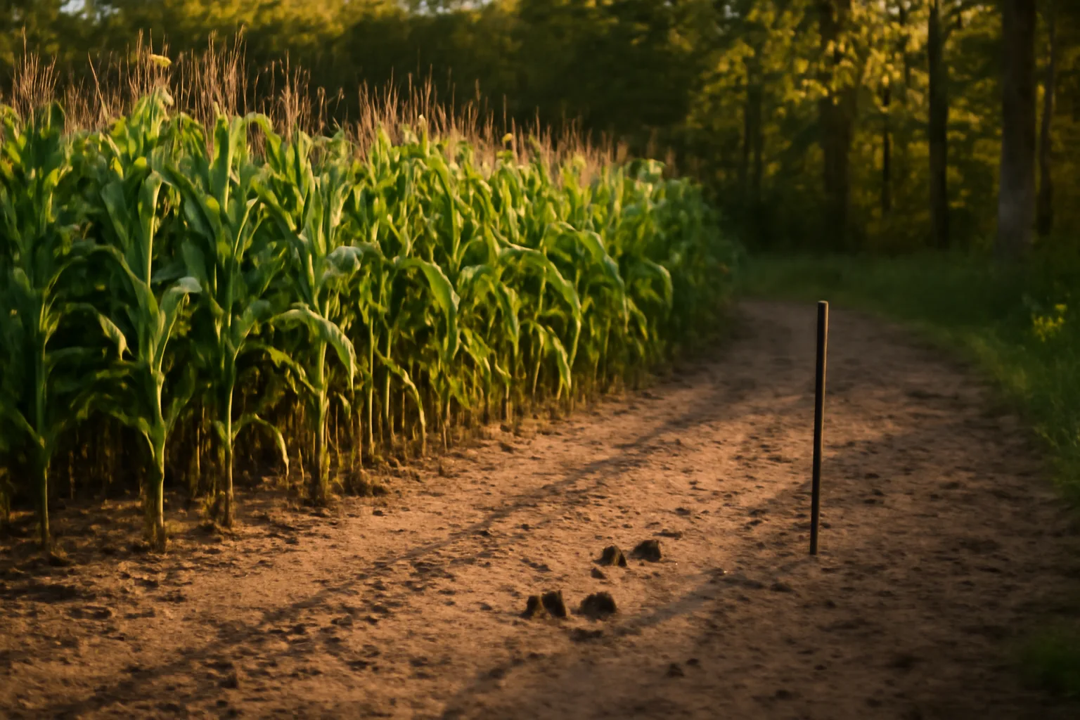Standing corn food plot at forest edge with a soil probe in the dirt