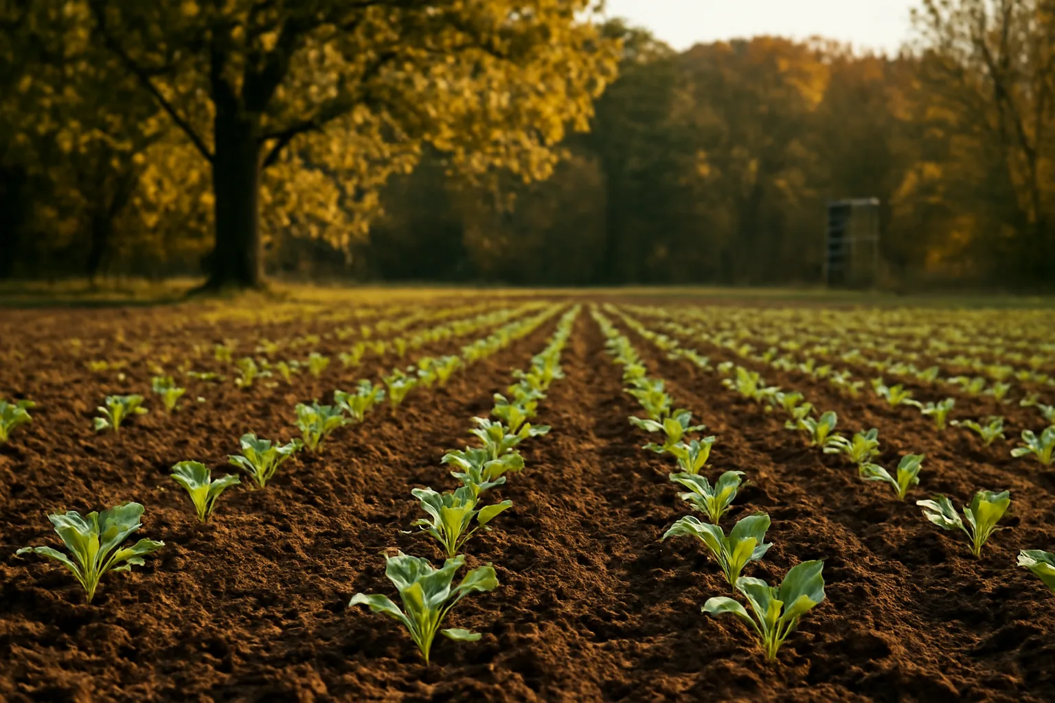 Freshly planted deer food plot with brassica seedlings emerging along a wooded edge in September