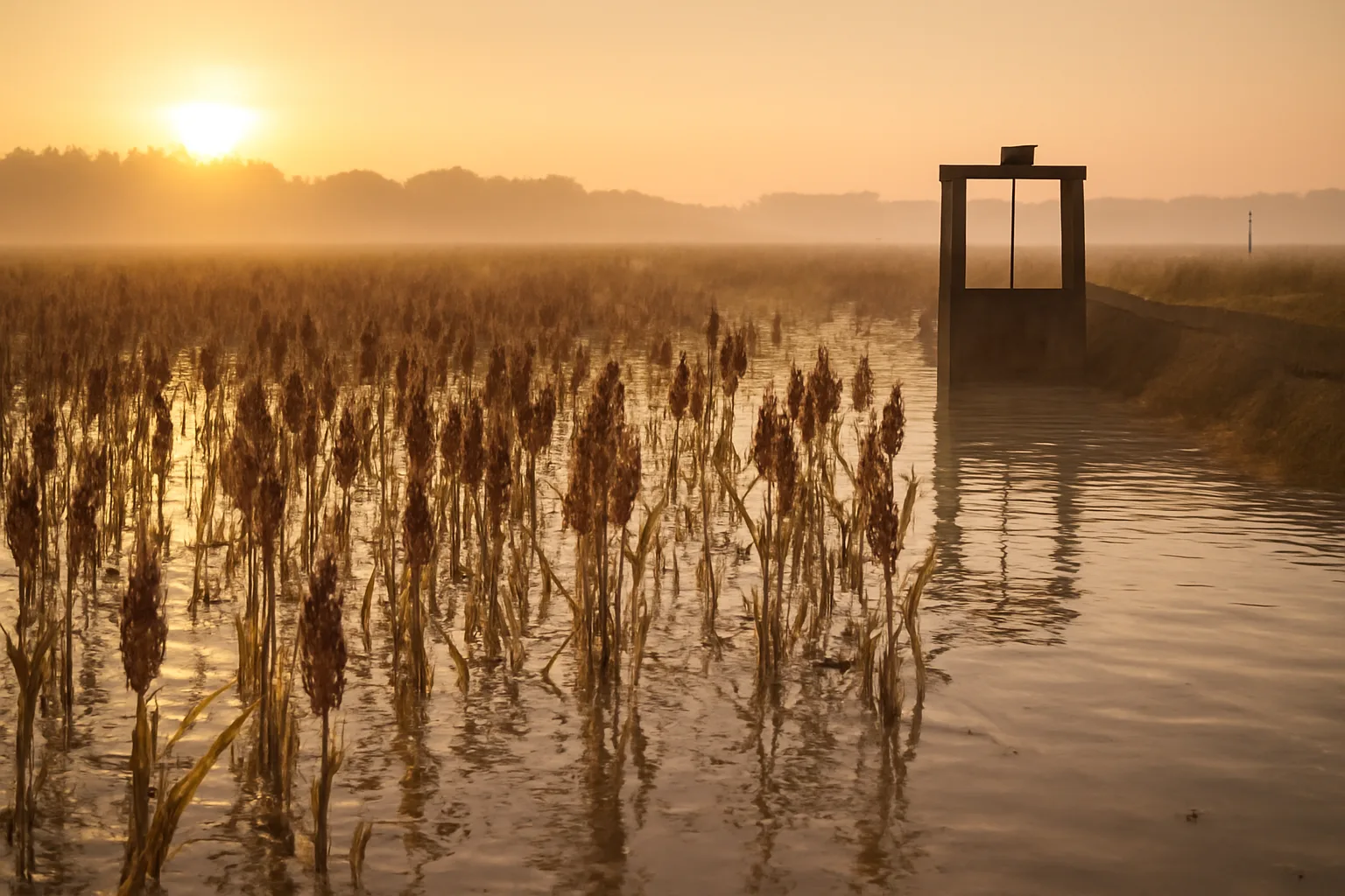 flooded grain field with standing sorghum heads prepared for planting duck food plots