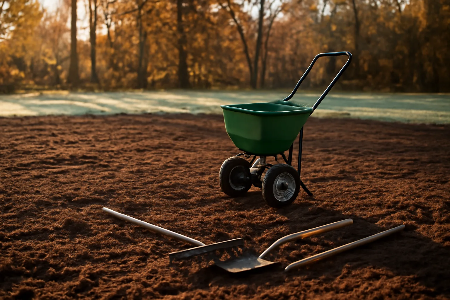 Freshly tilled fall food plot at field edge with spreader and tools in late light