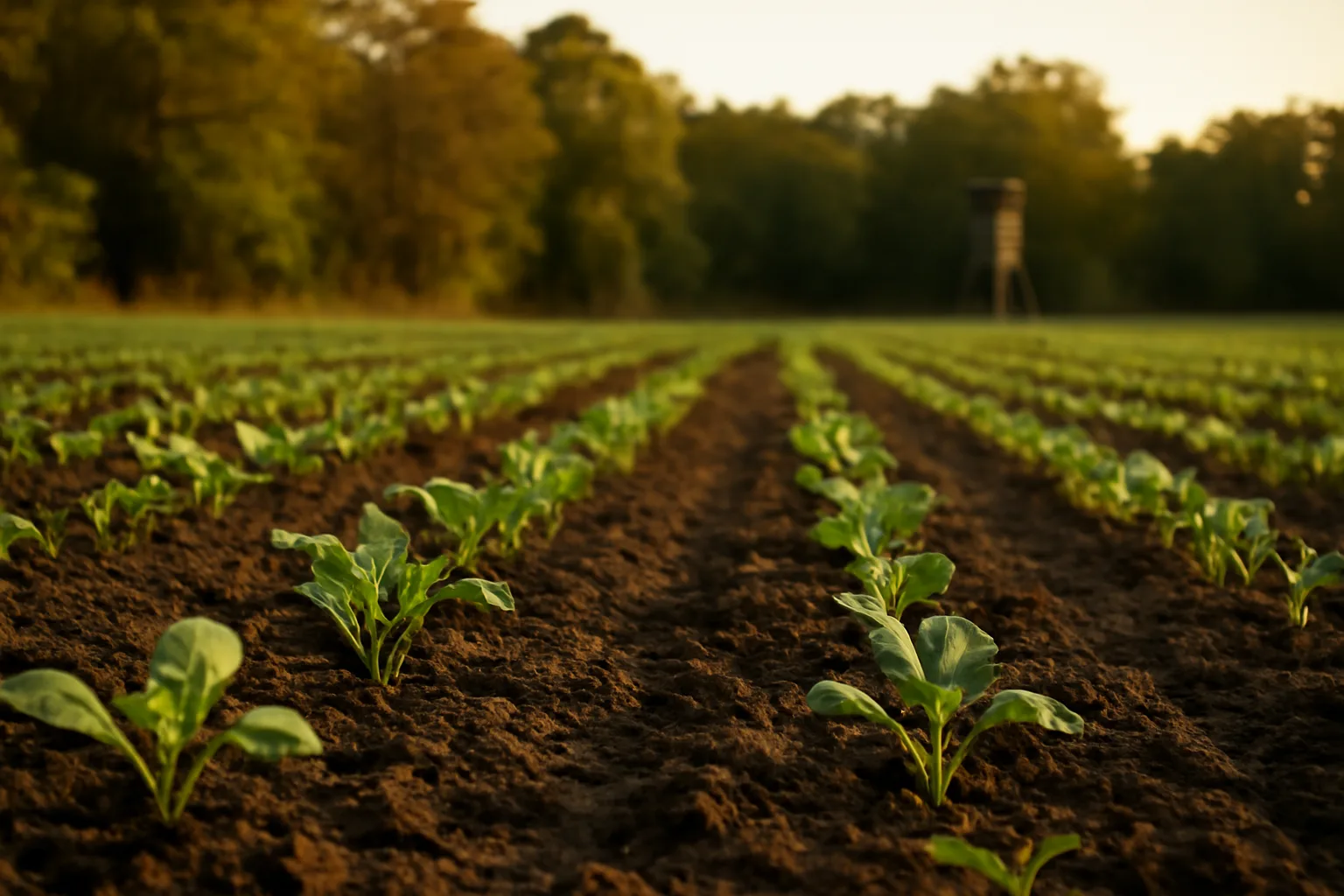 Fall food plot with young oat and brassica shoots growing at sunset near a tree line