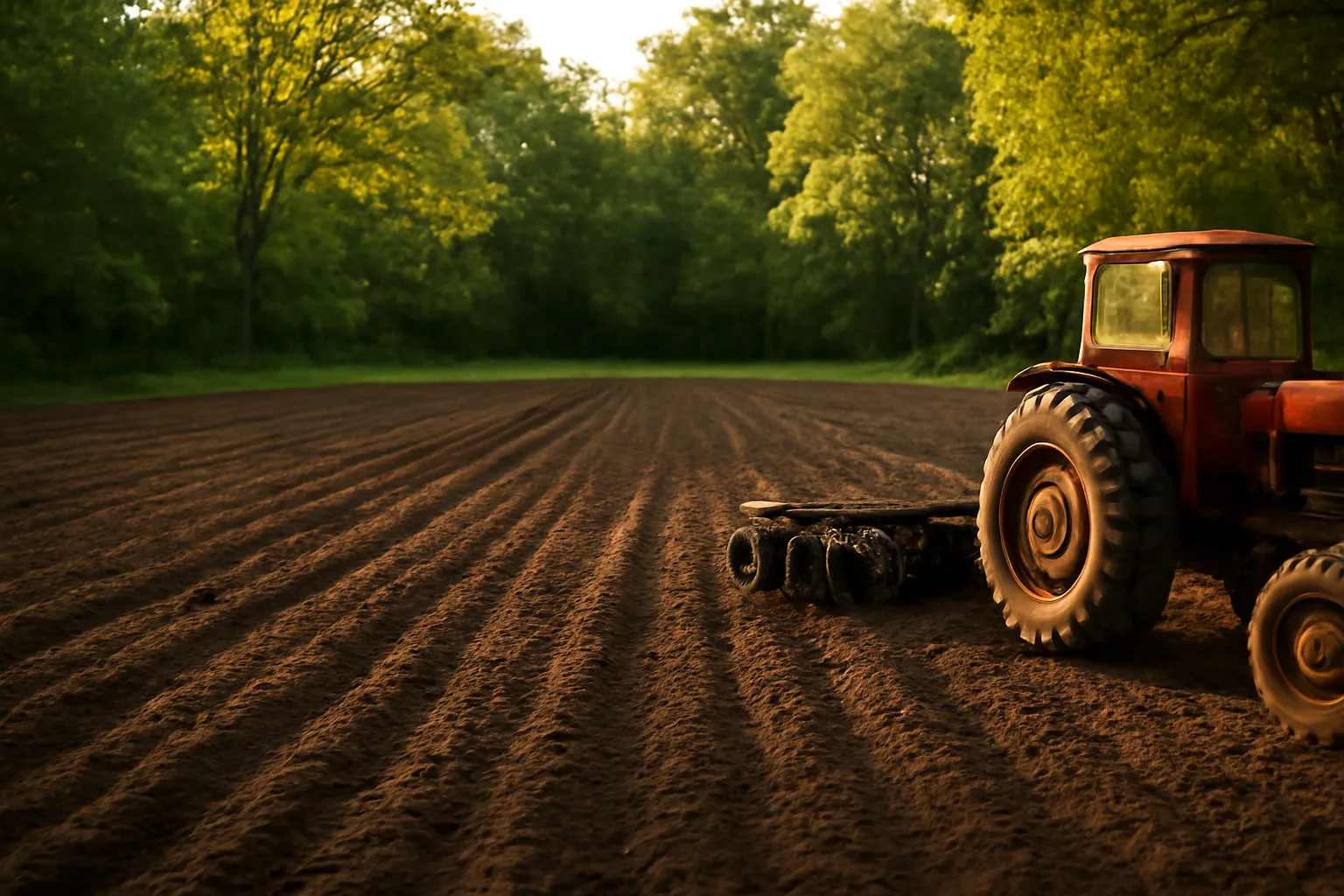 Freshly tilled food plot ready for planting without herbicide spraying near woods edge