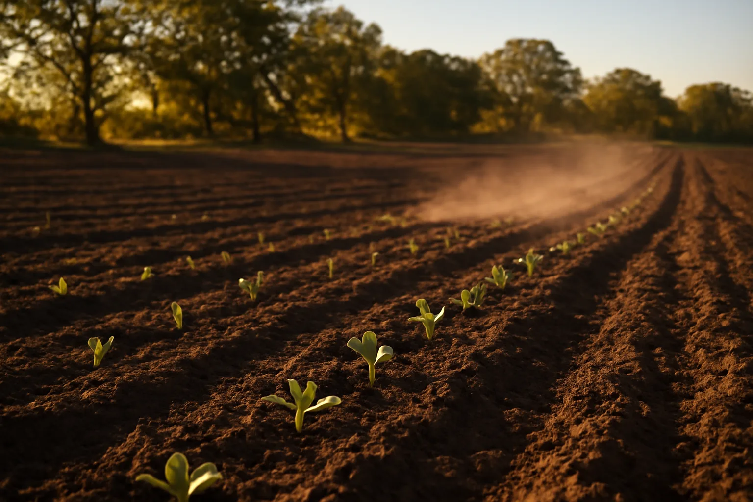 Freshly planted food plot with brassica shoots emerging in tilled soil near woods