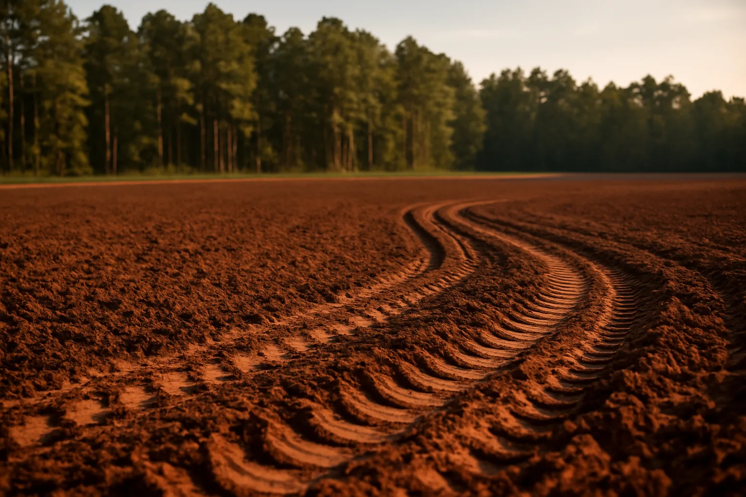 Freshly tilled red clay food plot bordered by pine trees in Georgia