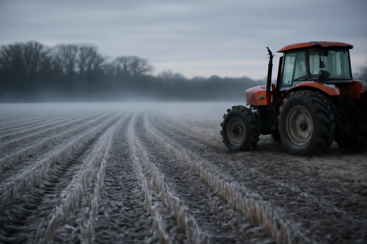 Frosted cereal grain food plot rows in late autumn light with tractor parked nearby