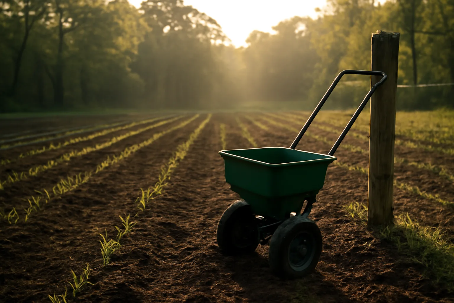 freshly tilled spring food plot rows in a wooded clearing at sunrise