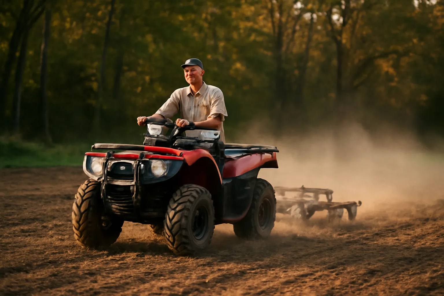 ATV pulling a disc harrow through a freshly worked food plot near woods