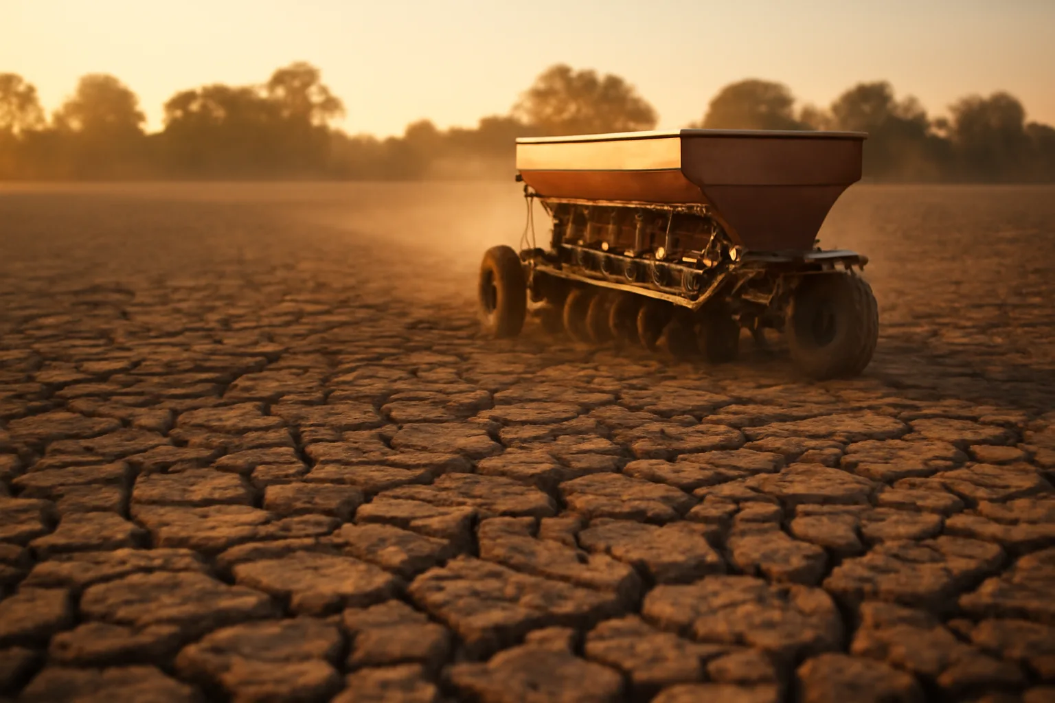 Dry cracked soil in a food plot field with a drill parked mid-row at sunset
