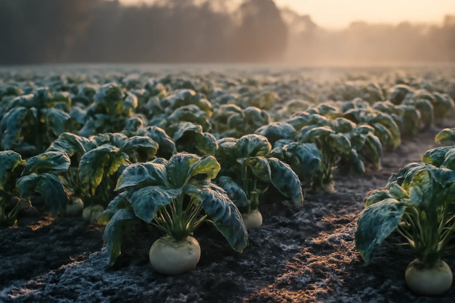 Frost-covered turnip food plot rows at dawn illustrating late season deer food plots