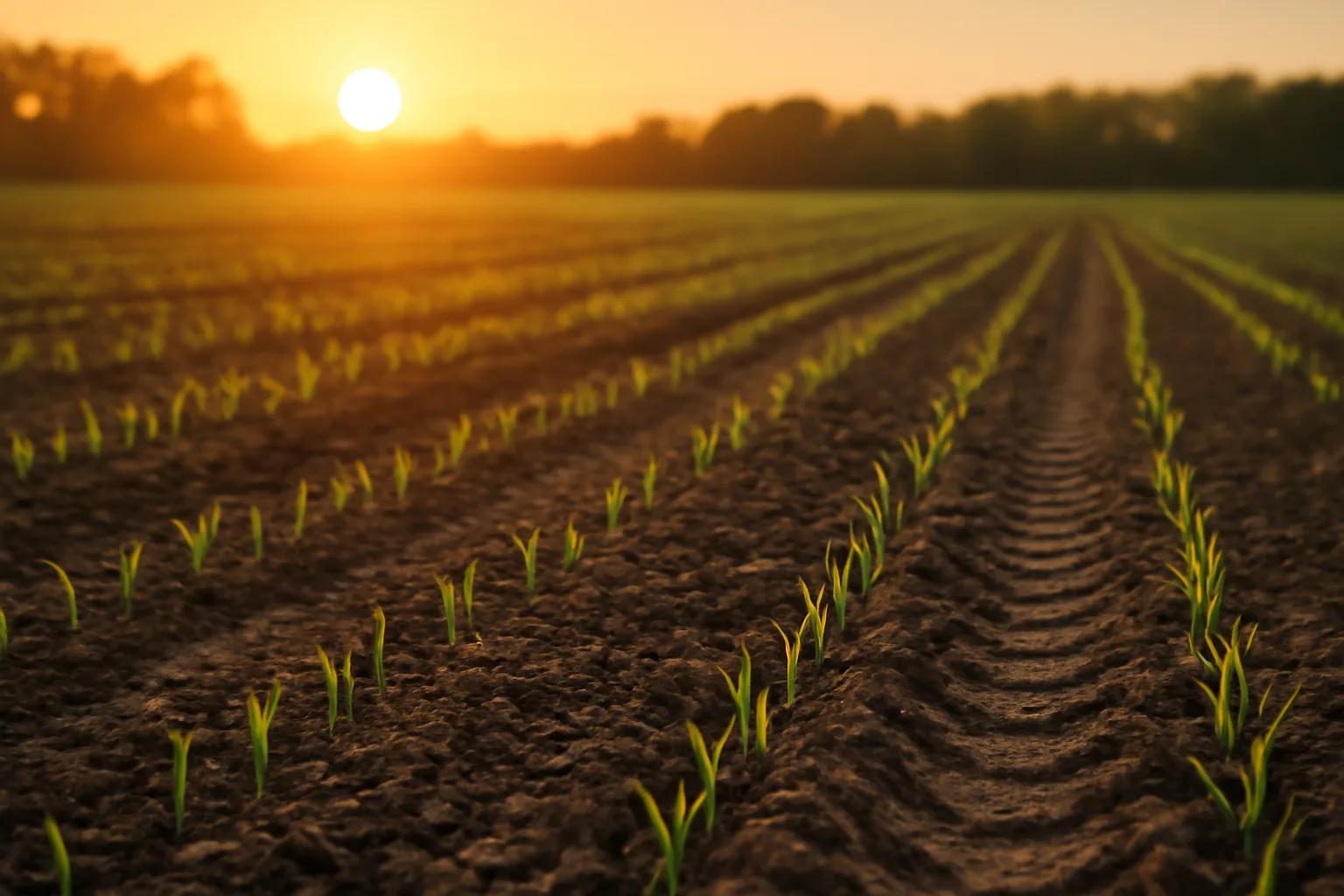 Fresh oat seedlings emerging in tilled rows of a fall deer food plot at sunset
