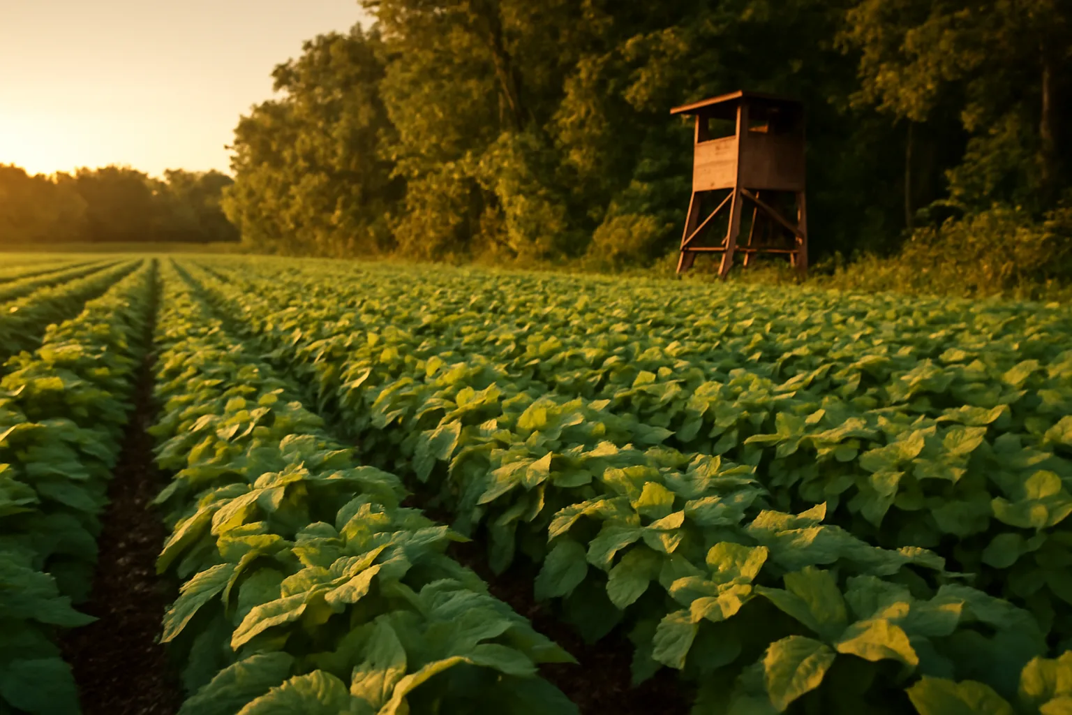 Soybean food plot rows bordering a hardwood tree line at sunset