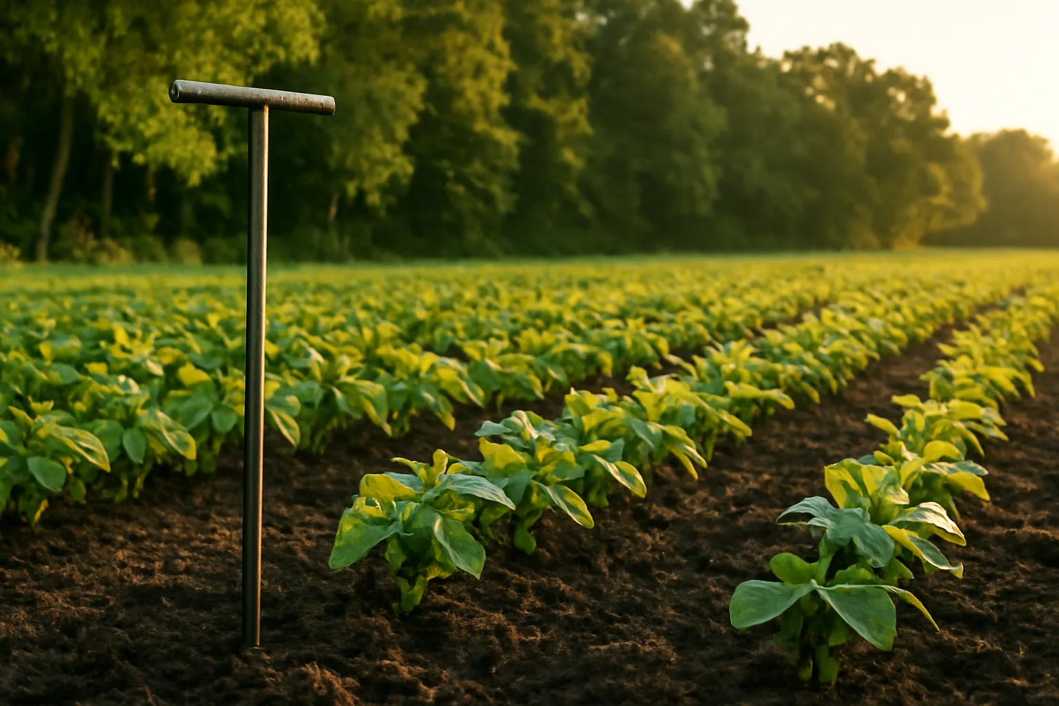 Young soybean rows in a deer food plot bordering a hardwood tree line