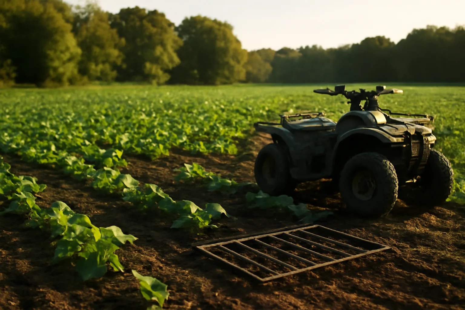 Turnip food plot rows in tilled soil with an ATV drag harrow at field edge