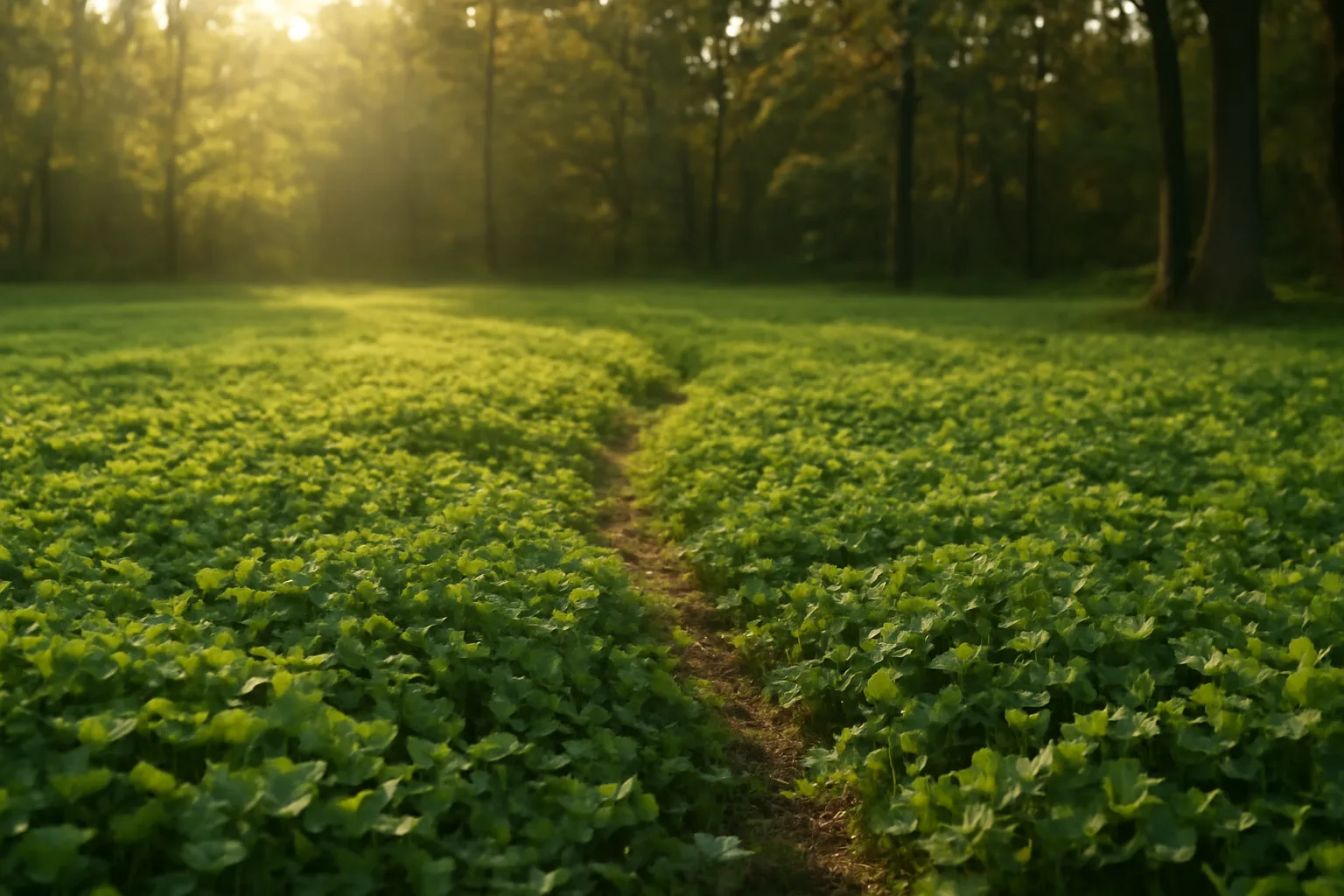 Green clover food plot bordered by autumn hardwoods with a visible deer trail