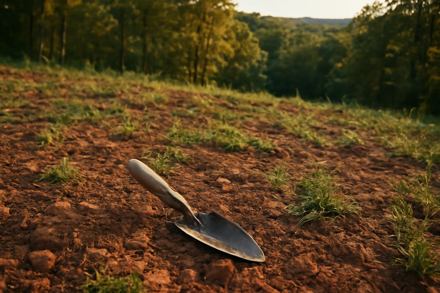 Thin patchy green plot growing in rocky clay soil on a wooded ridge