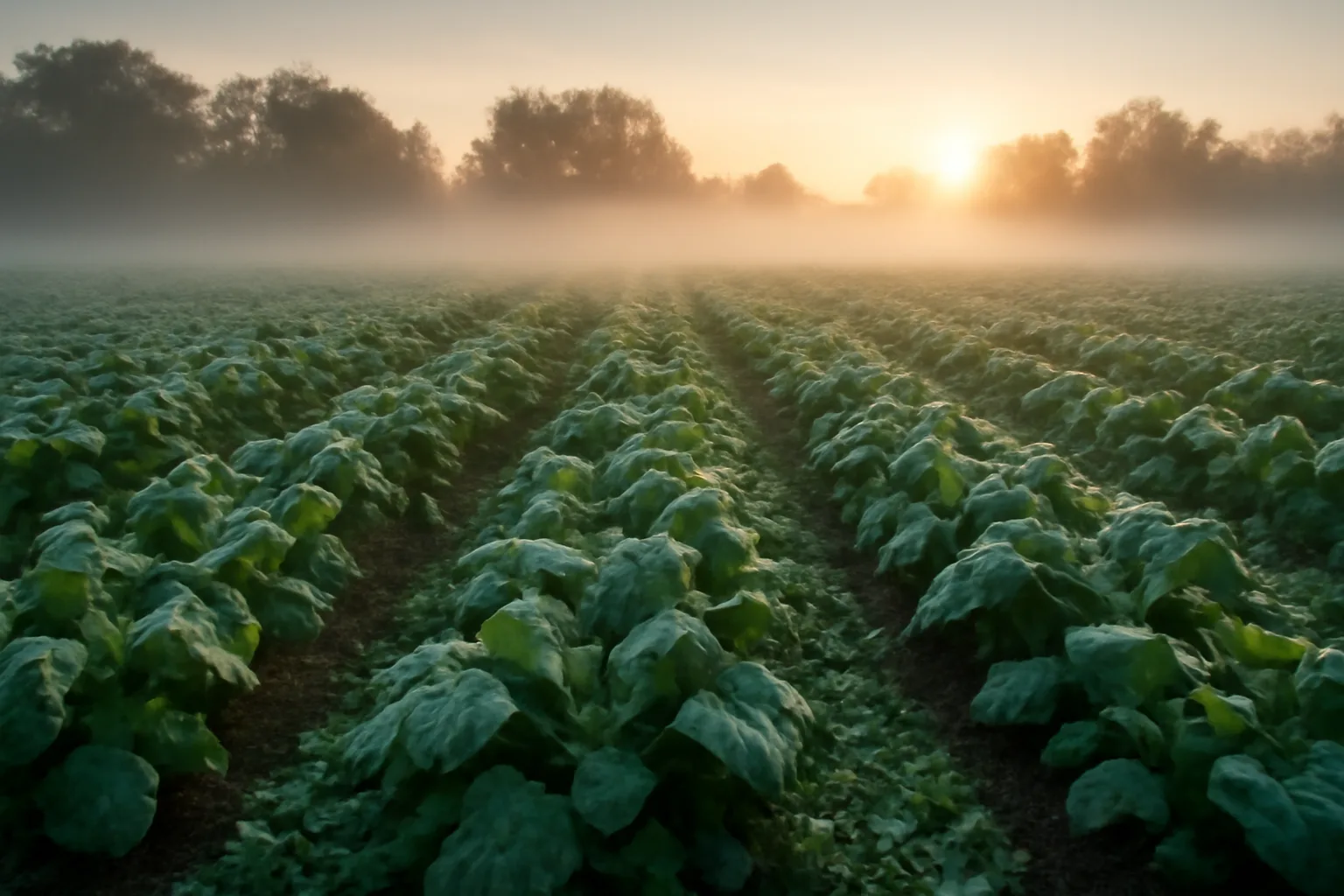 Frost-covered deer food plot with clover and brassica rows at dawn