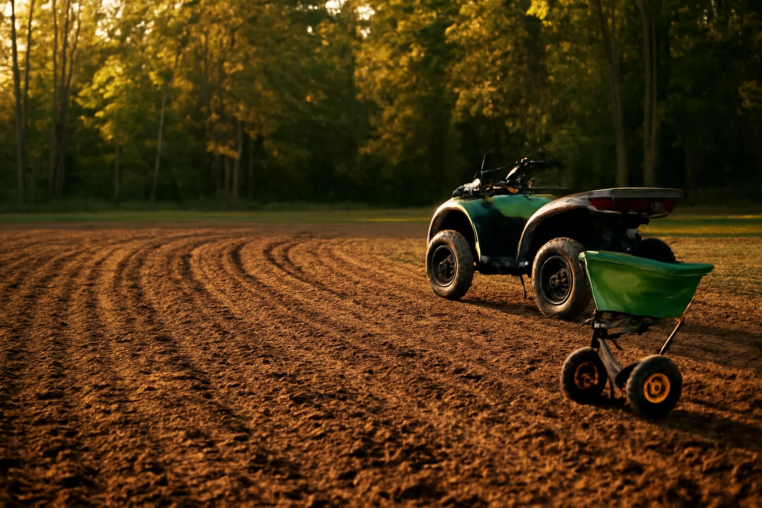 Freshly tilled deer food plot at forest edge with spreader and ATV at dusk