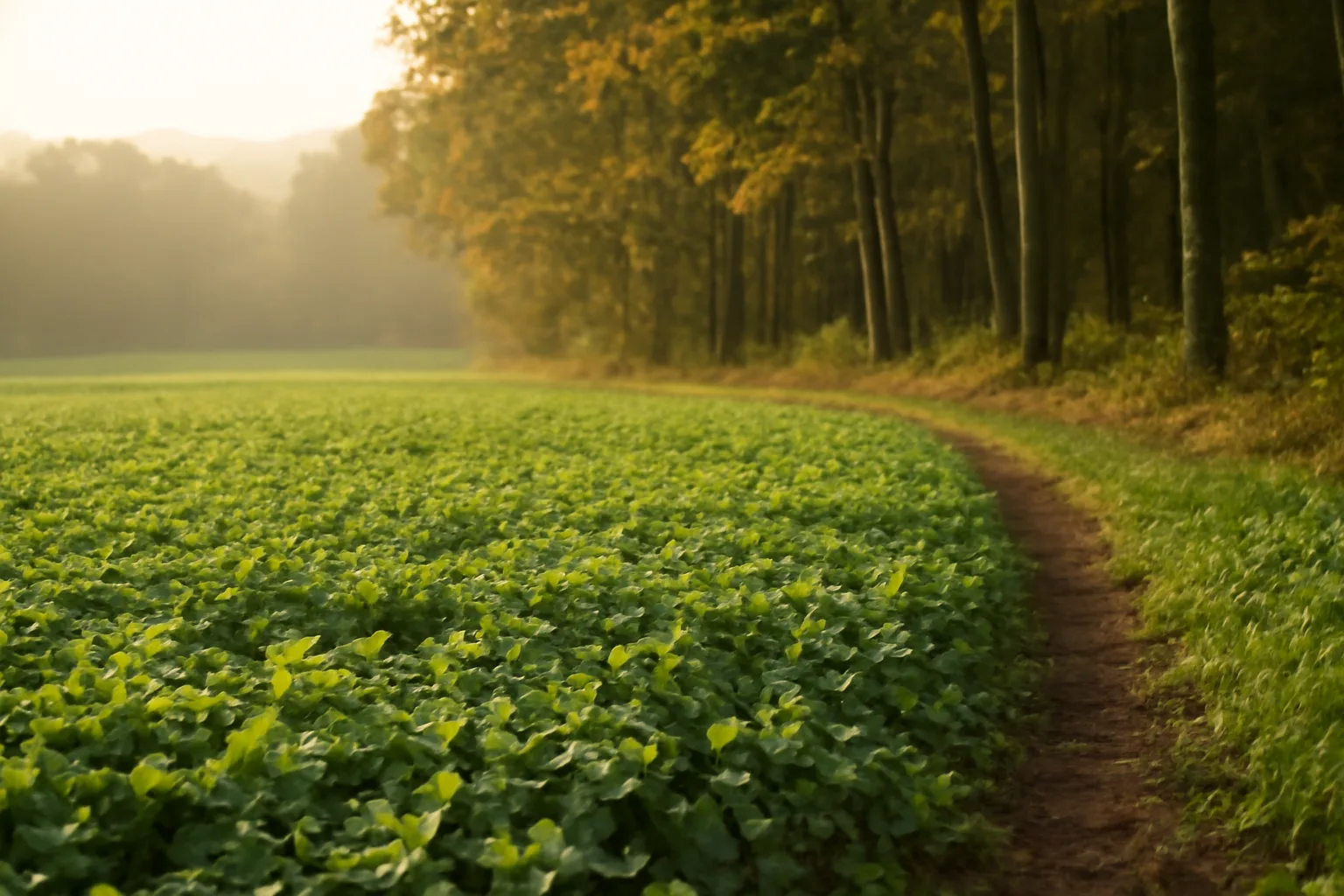 green red clover food plot bordering hardwood timber at dusk