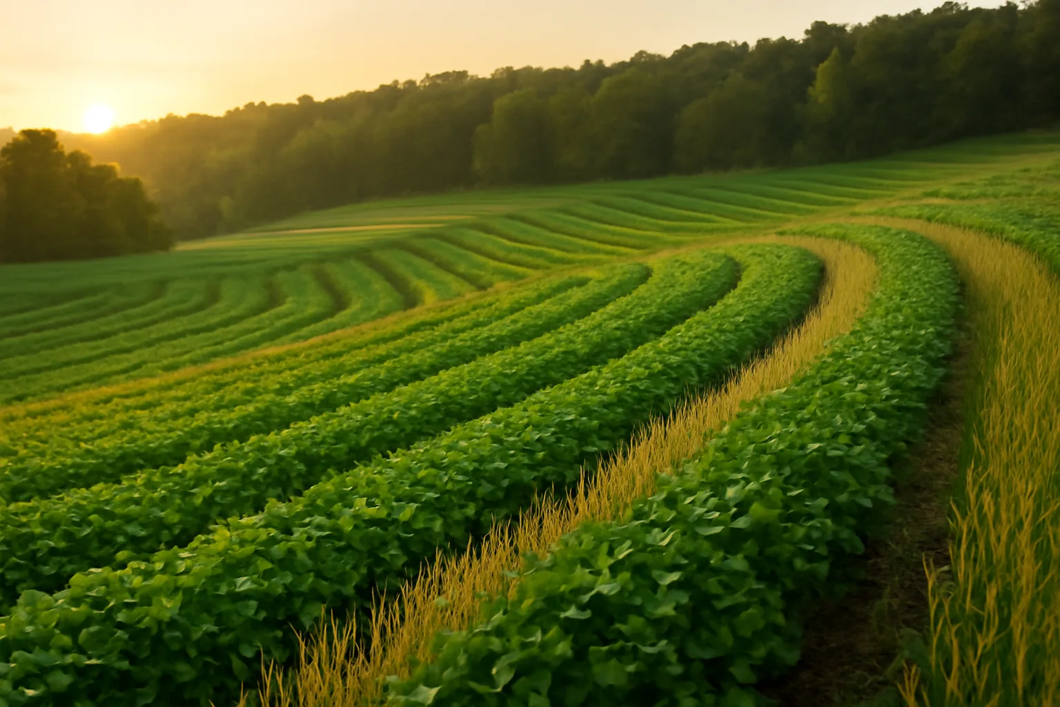 Contour-planted clover and grain food plot rows on a sloped hillside at dawn