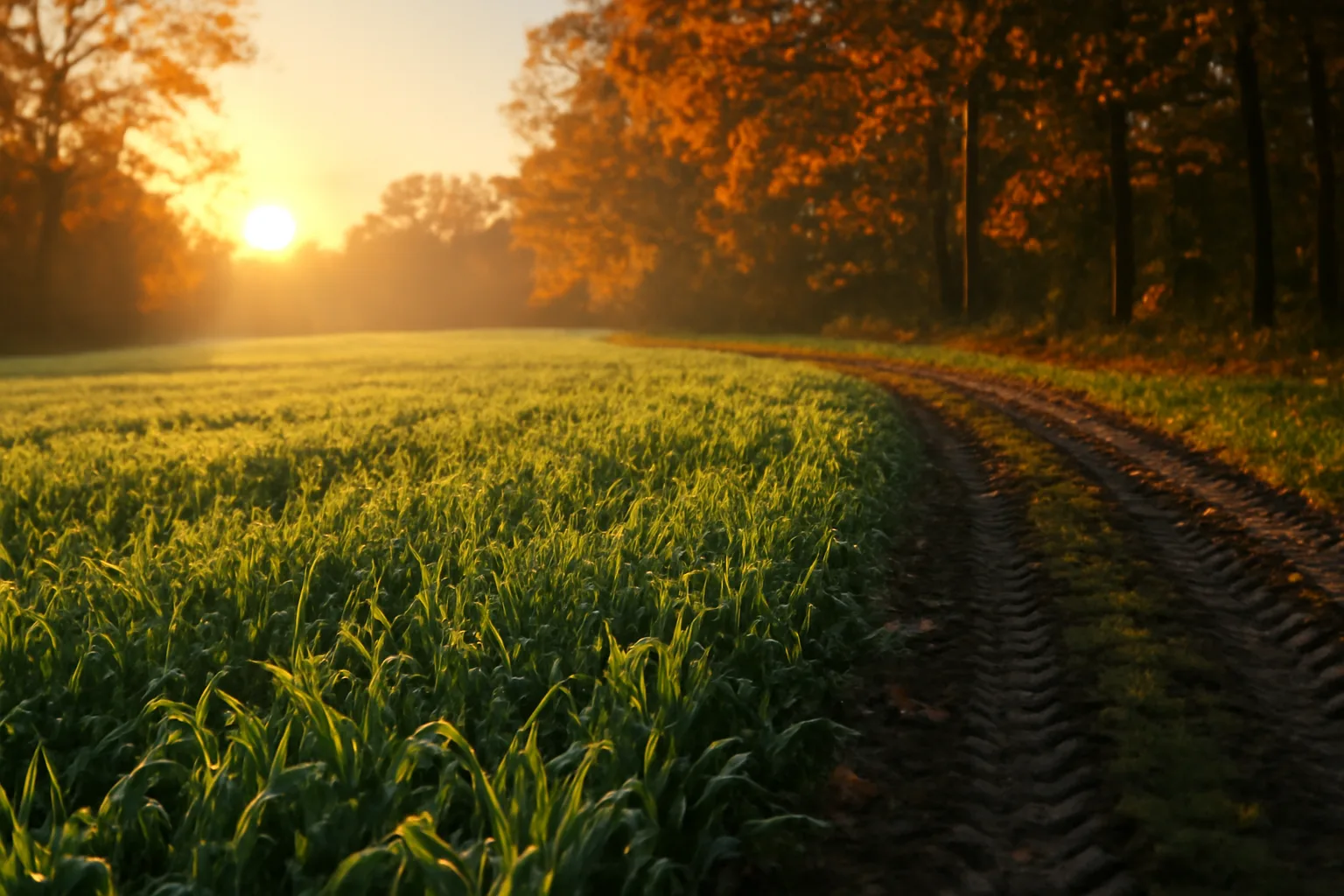 Green cereal rye food plot growing at the edge of hardwood timber in early morning light
