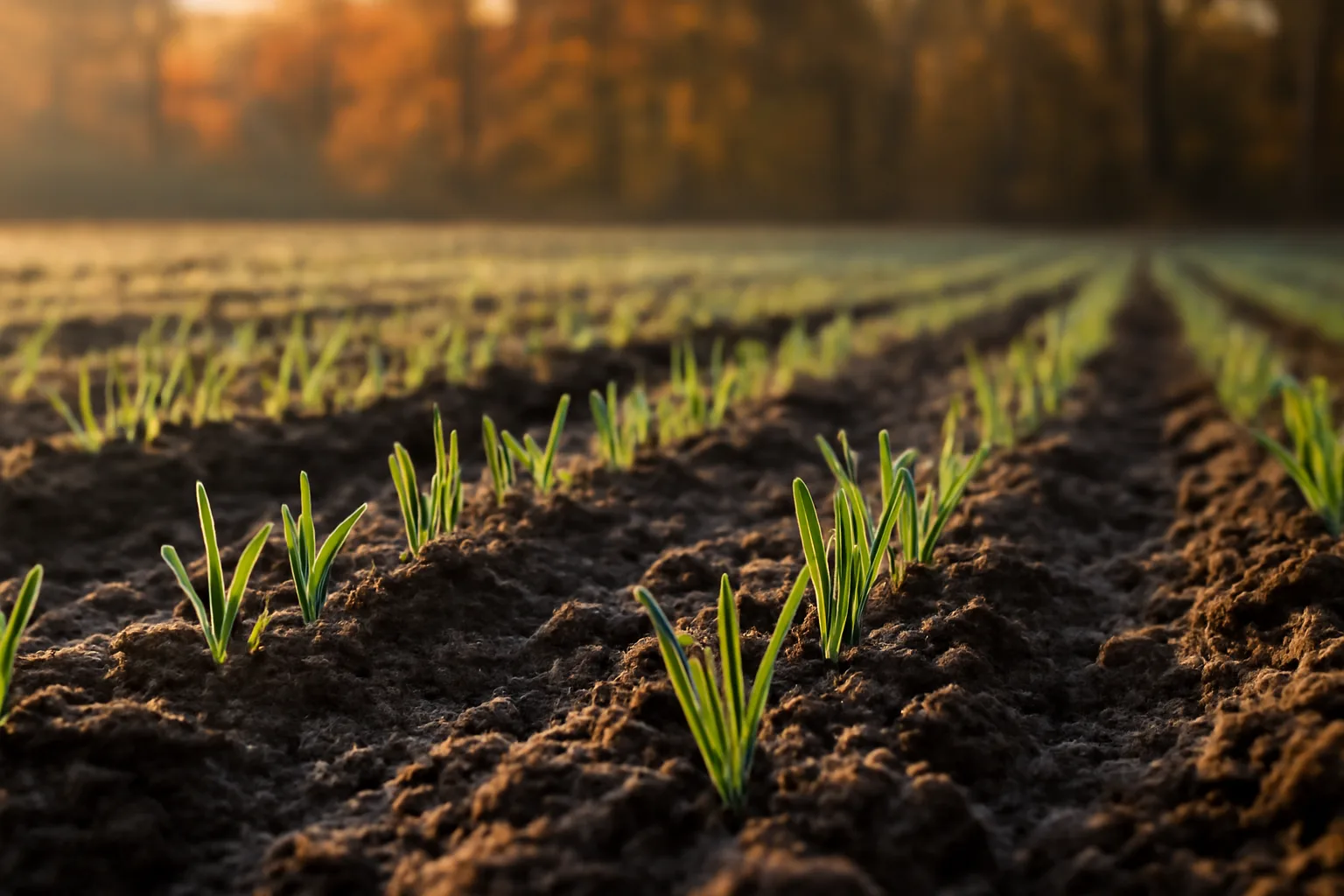Young cereal rye seedlings emerging in rows across a fall food plot field