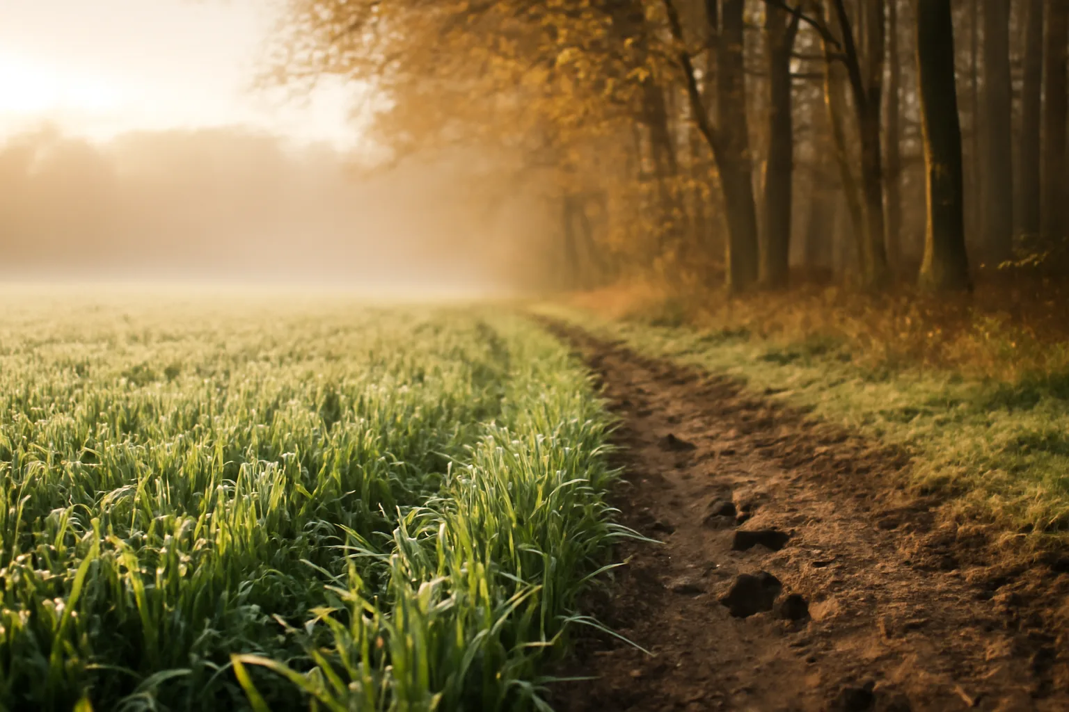 Frost-covered cereal rye food plot at the edge of a hardwood forest at dawn