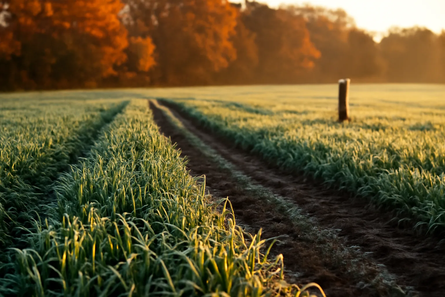 Frost melting on a green cereal rye food plot at sunrise in fall