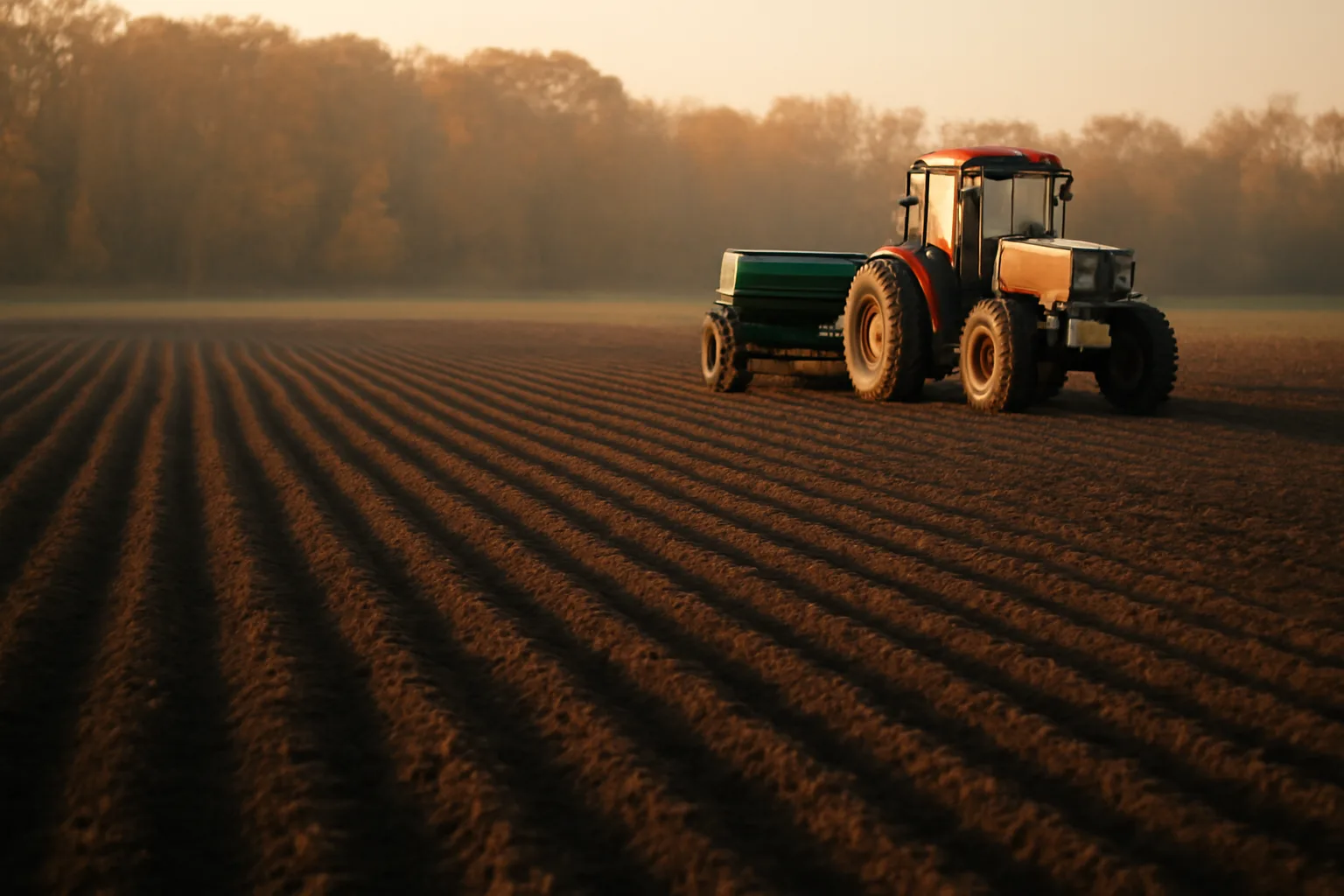 Tractor pulling a seed drill across a freshly planted food plot at dusk