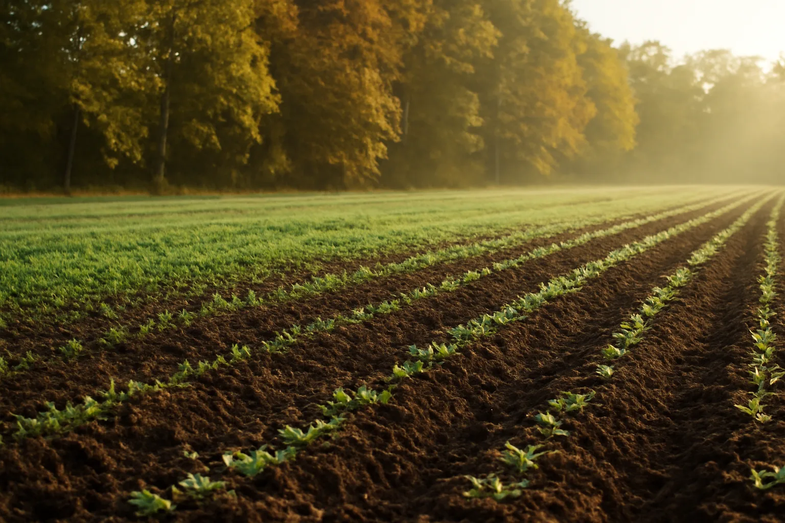 Freshly planted deer food plot rows at dawn along a hardwood tree line