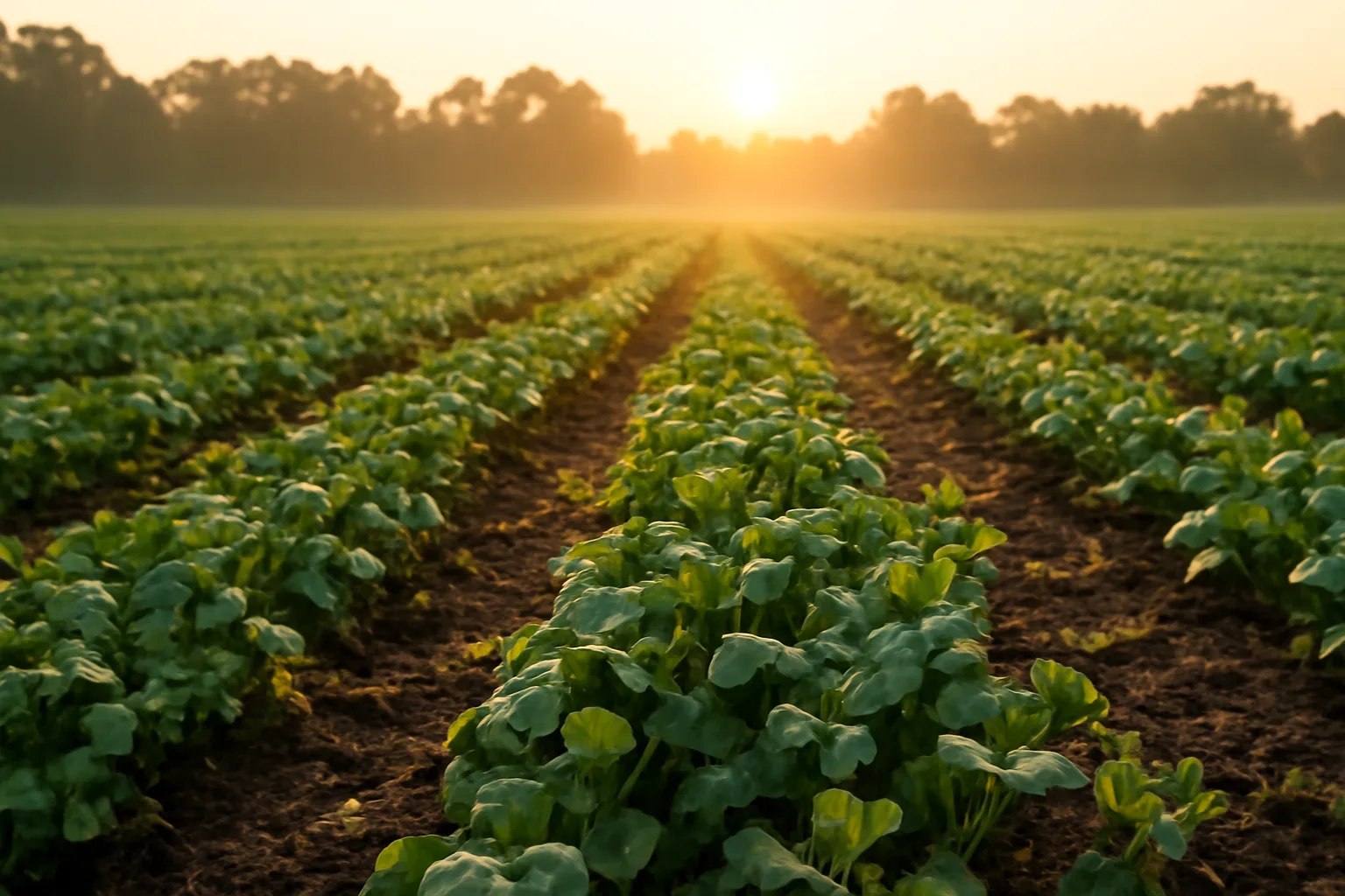 Green food plot field with clover and brassica rows lit by early morning sun