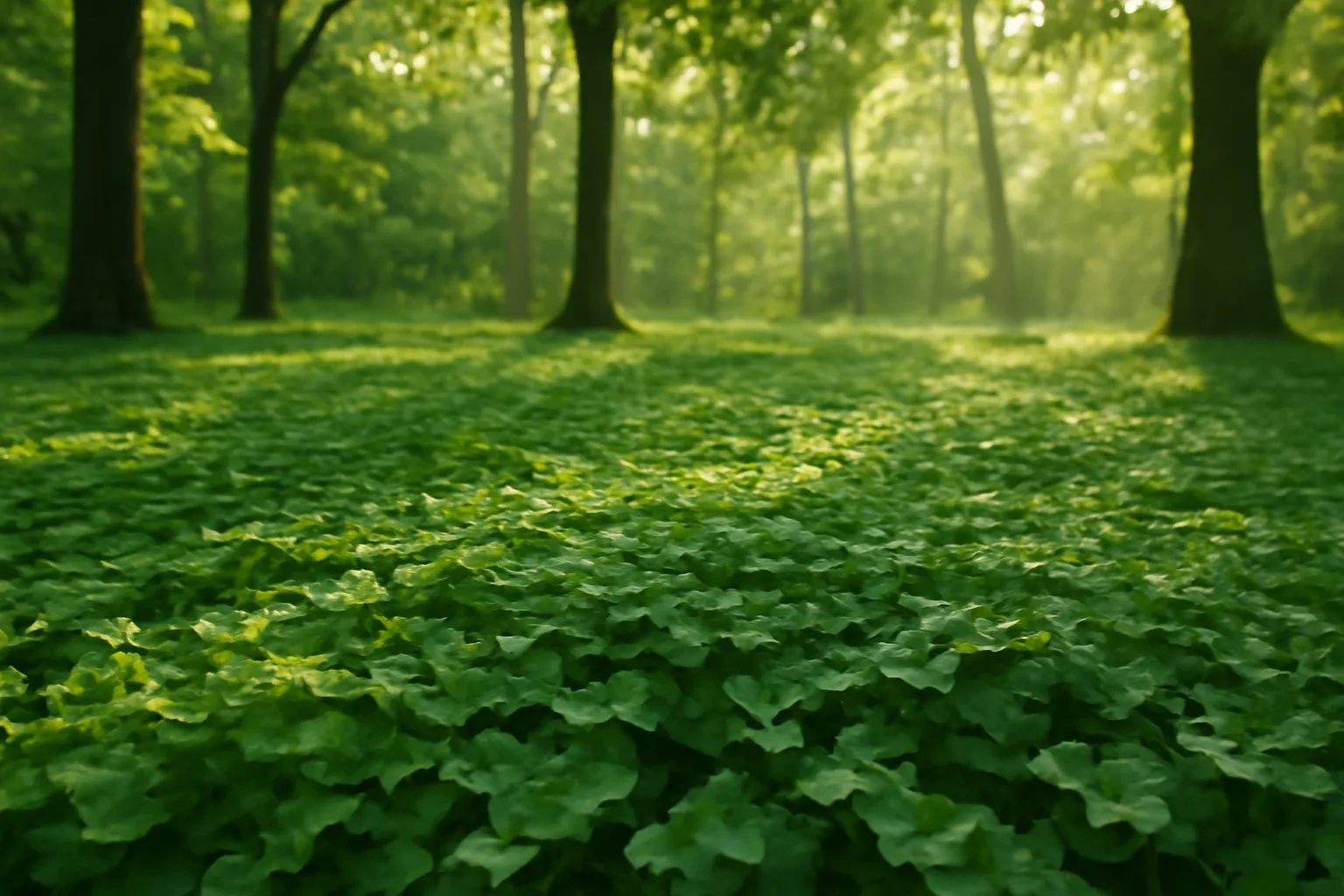 Small food plot of clover growing under filtered light in a hardwood forest opening