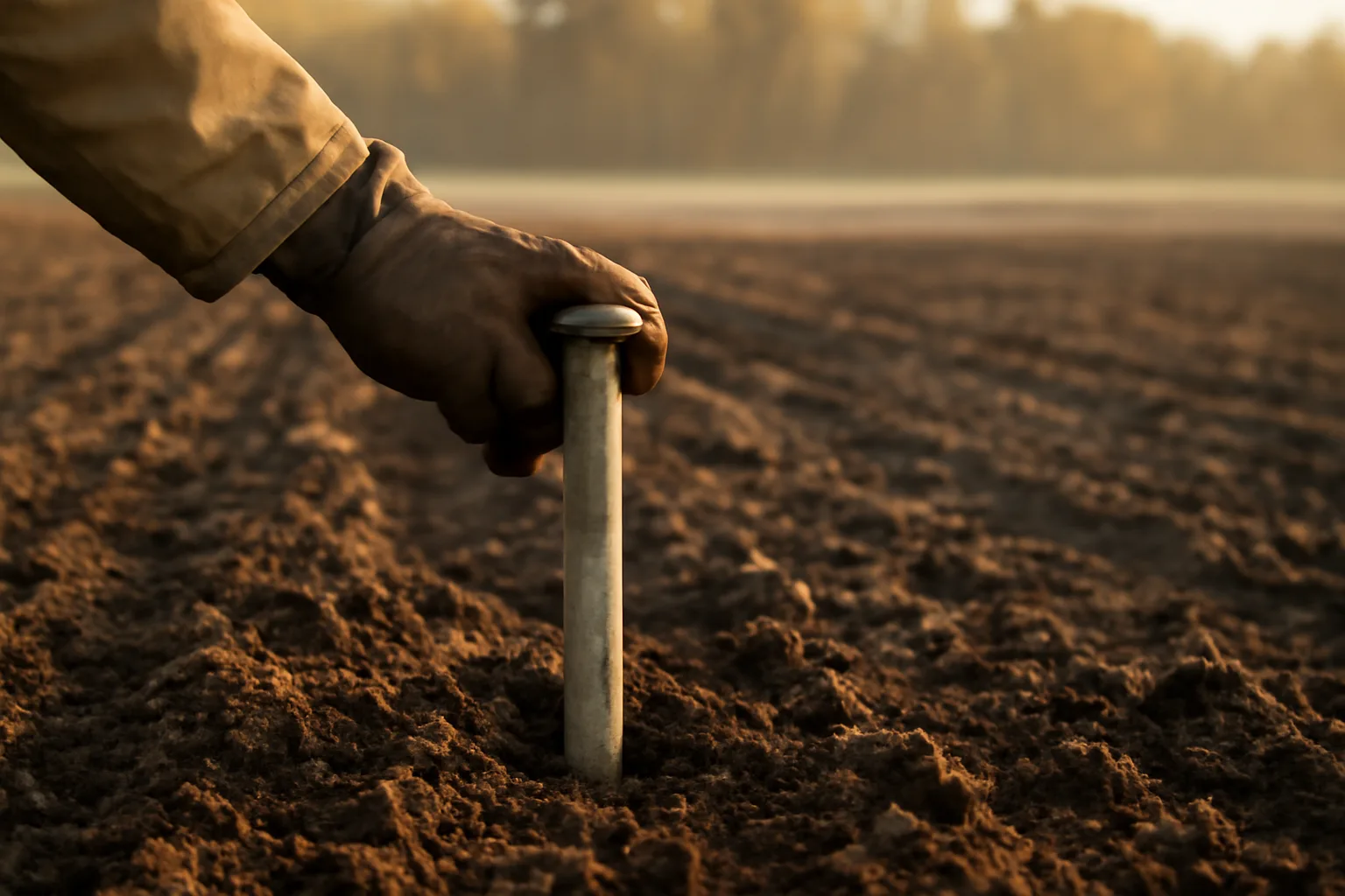Hand pushing a soil probe core sampler into a food plot for testing