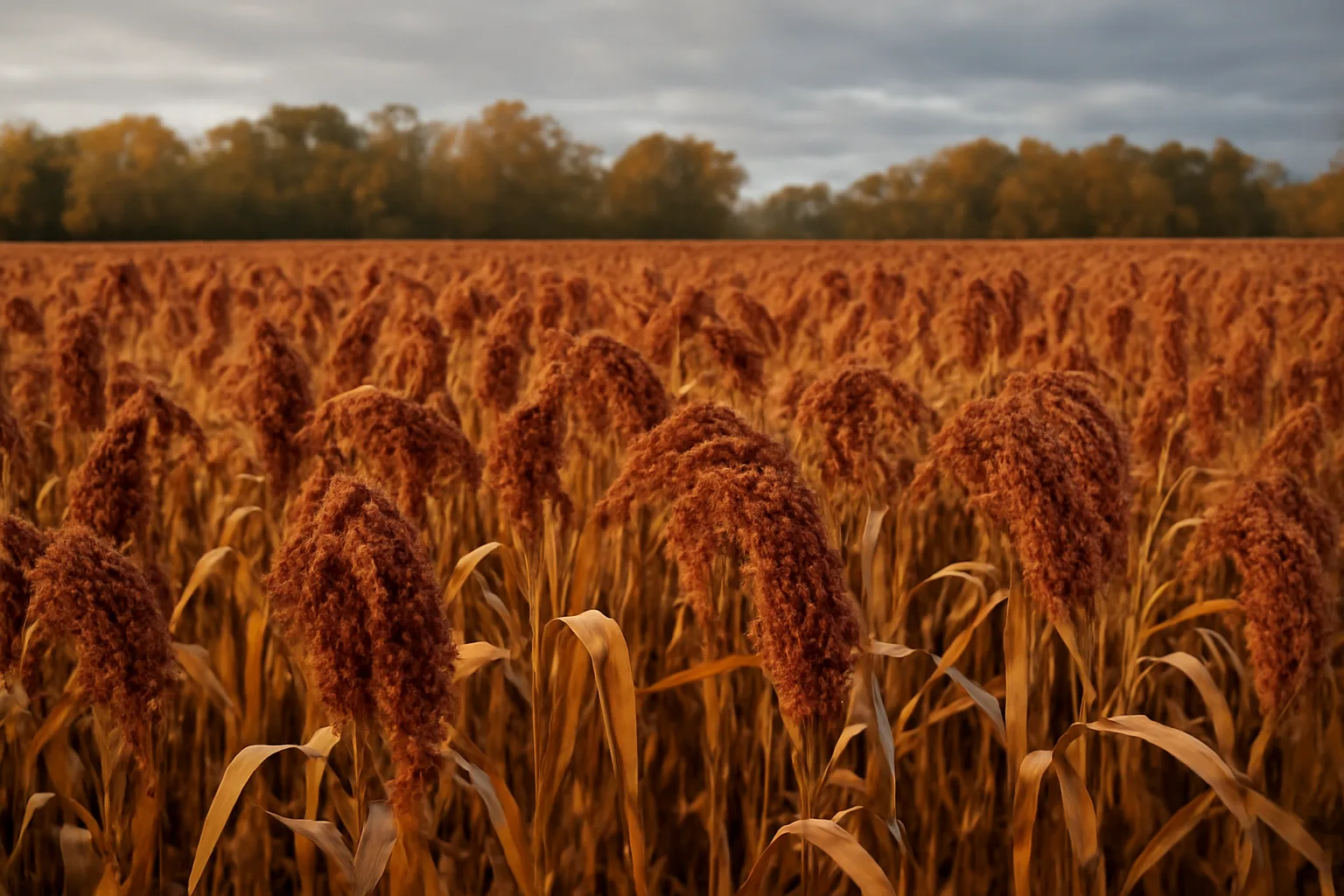 Standing grain sorghum heads in a fall deer food plot at golden hour