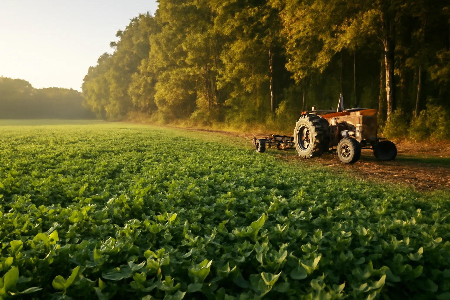Green clover food plot at forest edge in early morning light with disk implement