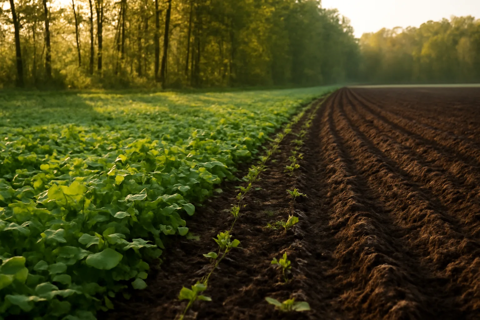 Freshly planted spring food plot with young clover and soybean sprouts at forest edge