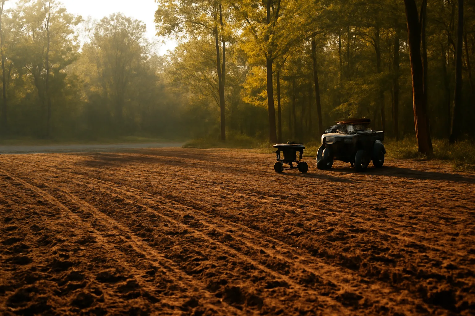 Freshly tilled spring food plot clearing bordered by hardwood trees at sunrise