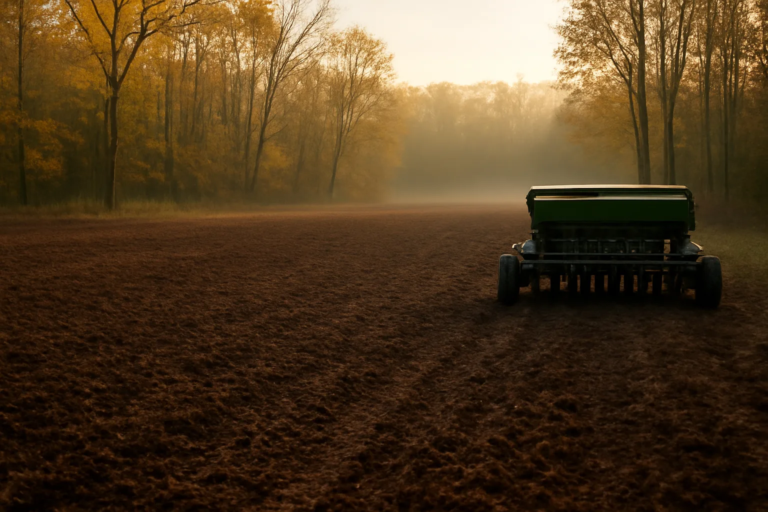 Freshly tilled spring food plot clearing surrounded by hardwood forest at dawn