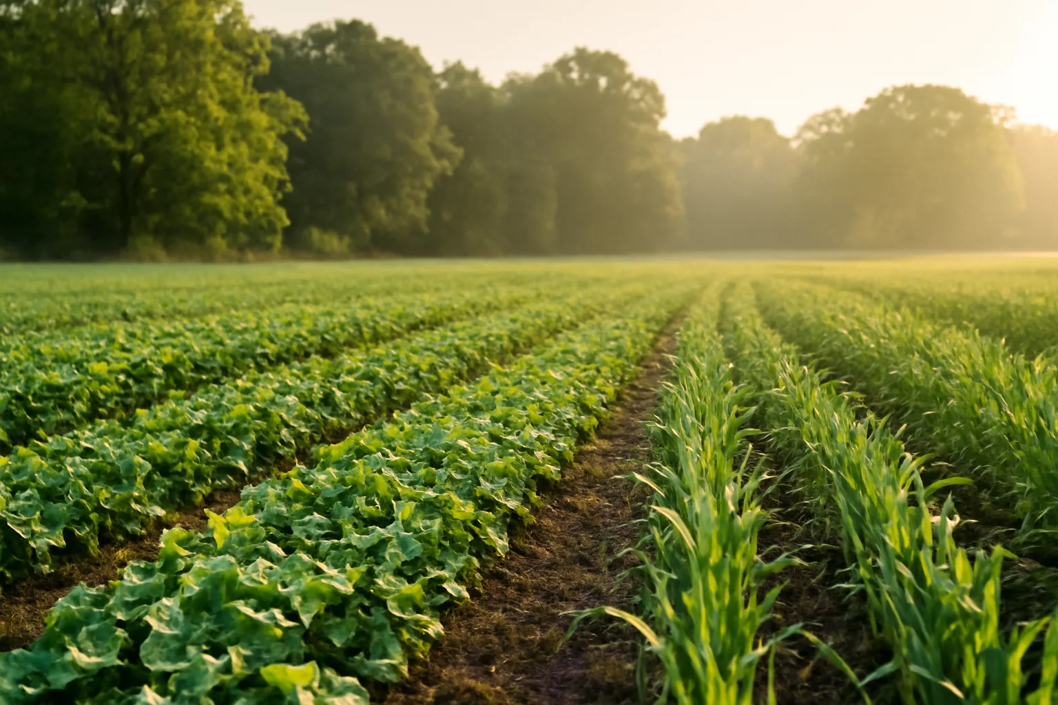 Rows of summer food plot mix growing in a green field at dawn