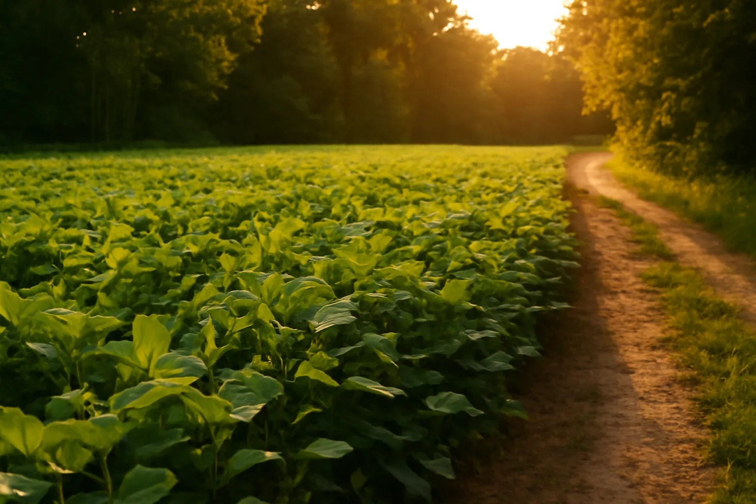 Summer food plot seed field of soybeans and cowpeas at edge of hardwood tree line