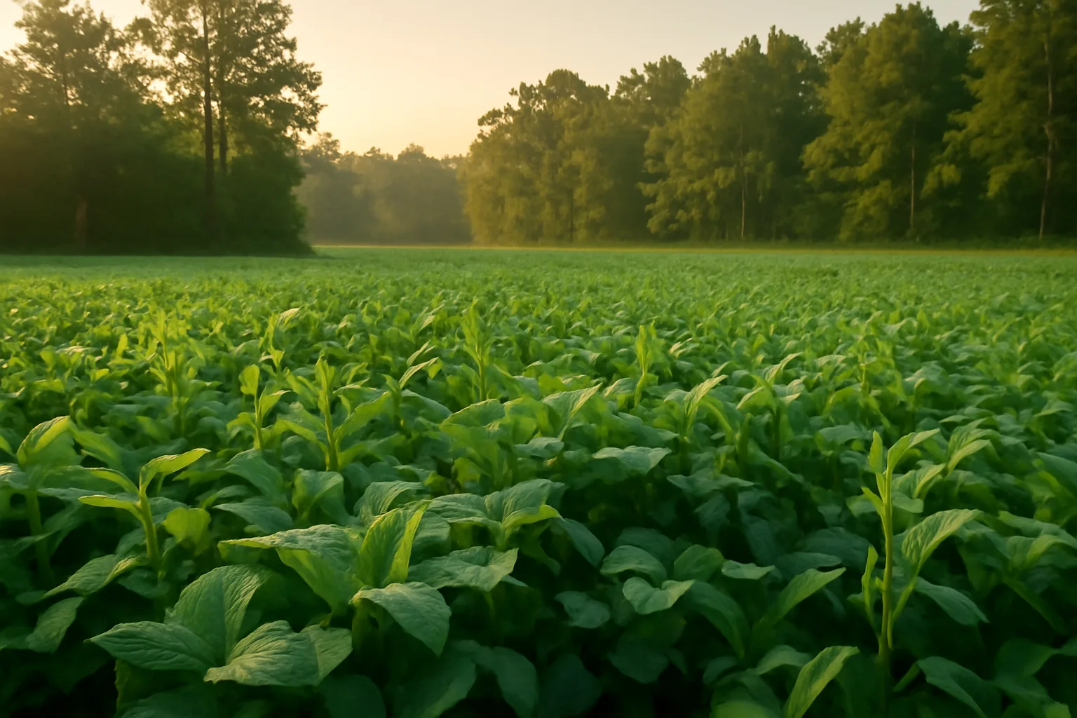 Green summer food plot of cowpeas and soybeans bordering Southern woods at sunrise