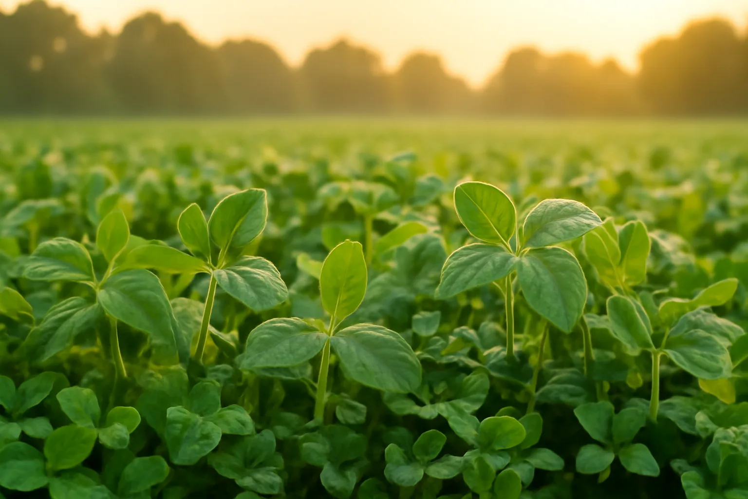 Lush green summer food plot of soybeans and clover at sunrise near a tree line