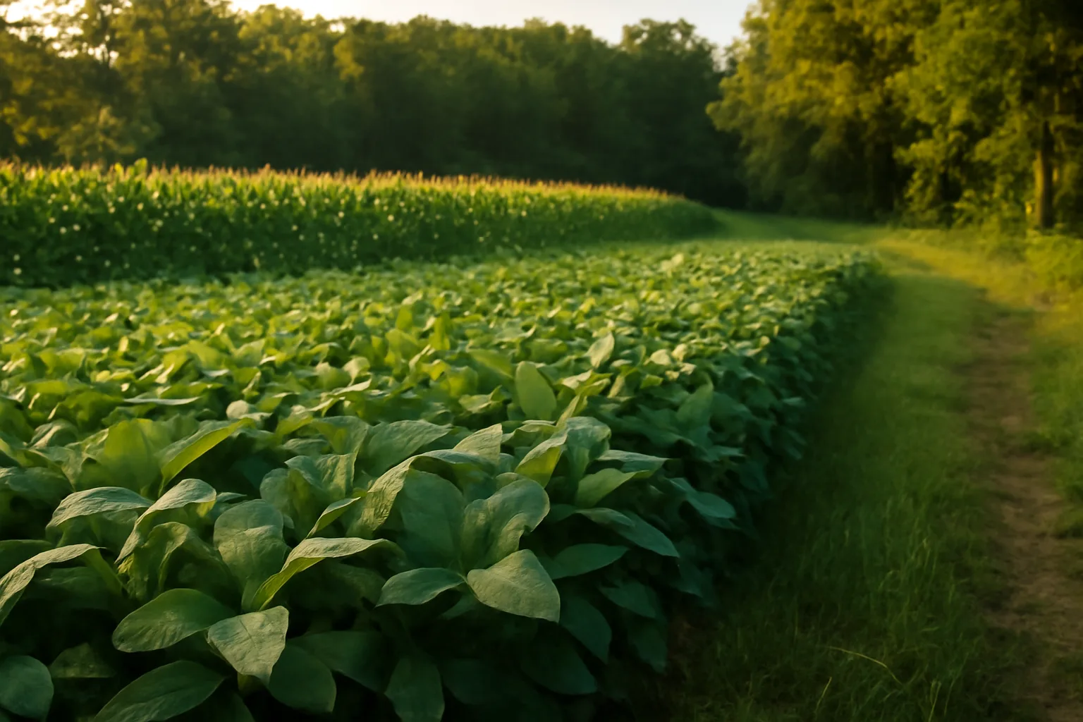 Summer food plot of soybeans and sorghum growing along a hardwood tree line