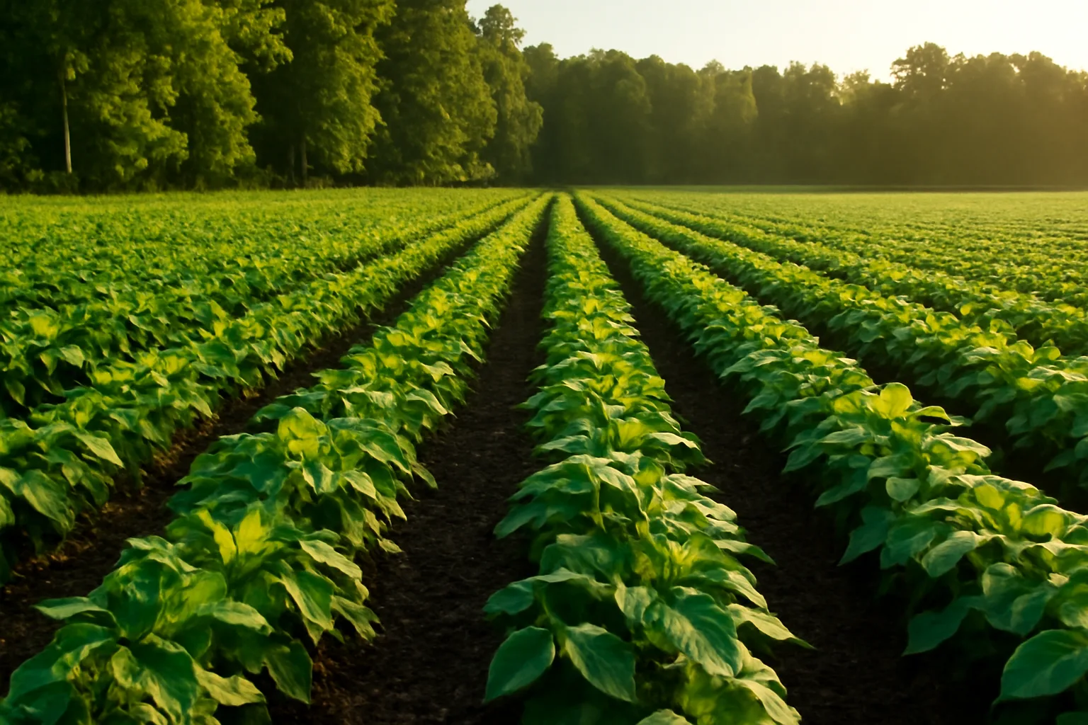 Sunlit soybean food plot for deer bordered by summer hardwood forest