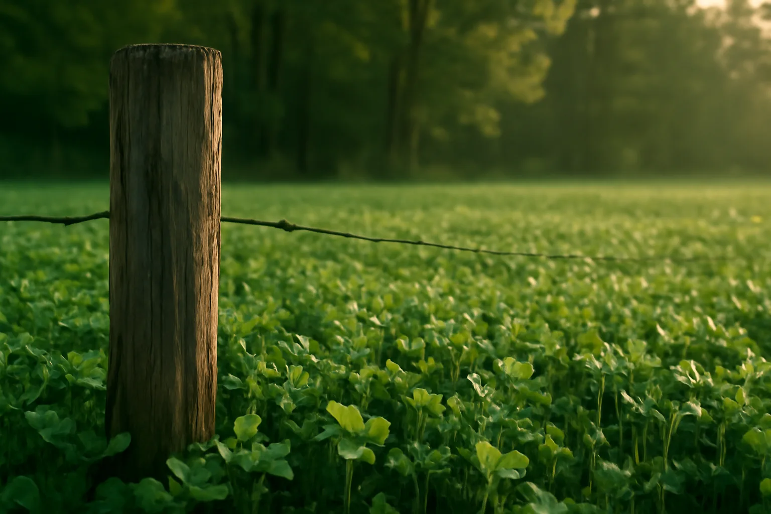 Sunlit alfalfa and clover food plot bordering a hardwood tree line at dawn