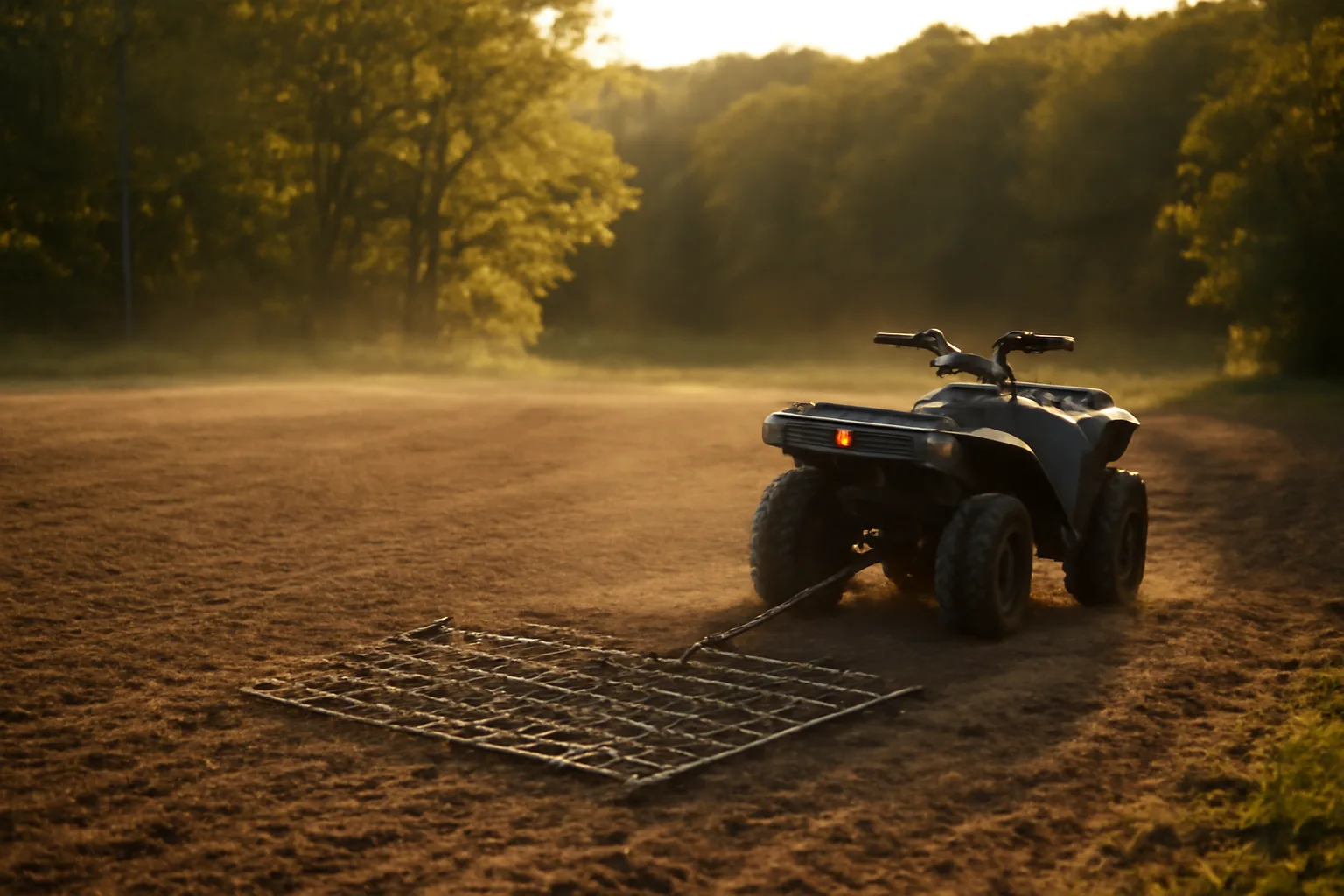 ATV drag pressing broadcast seed into disked soil on a deer food plot clearing