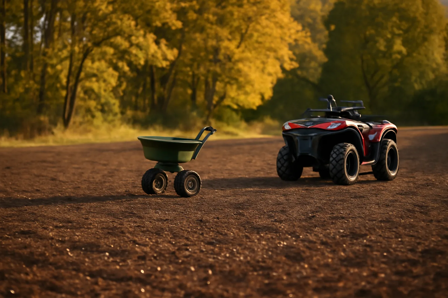 Disked food plot field with broadcast spreader ready for throw and grow seeding