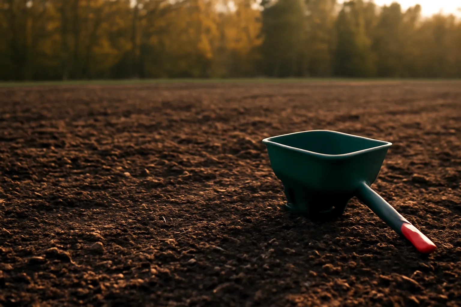 Hand seed spreader beside freshly broadcast dirt at a forest-edge food plot