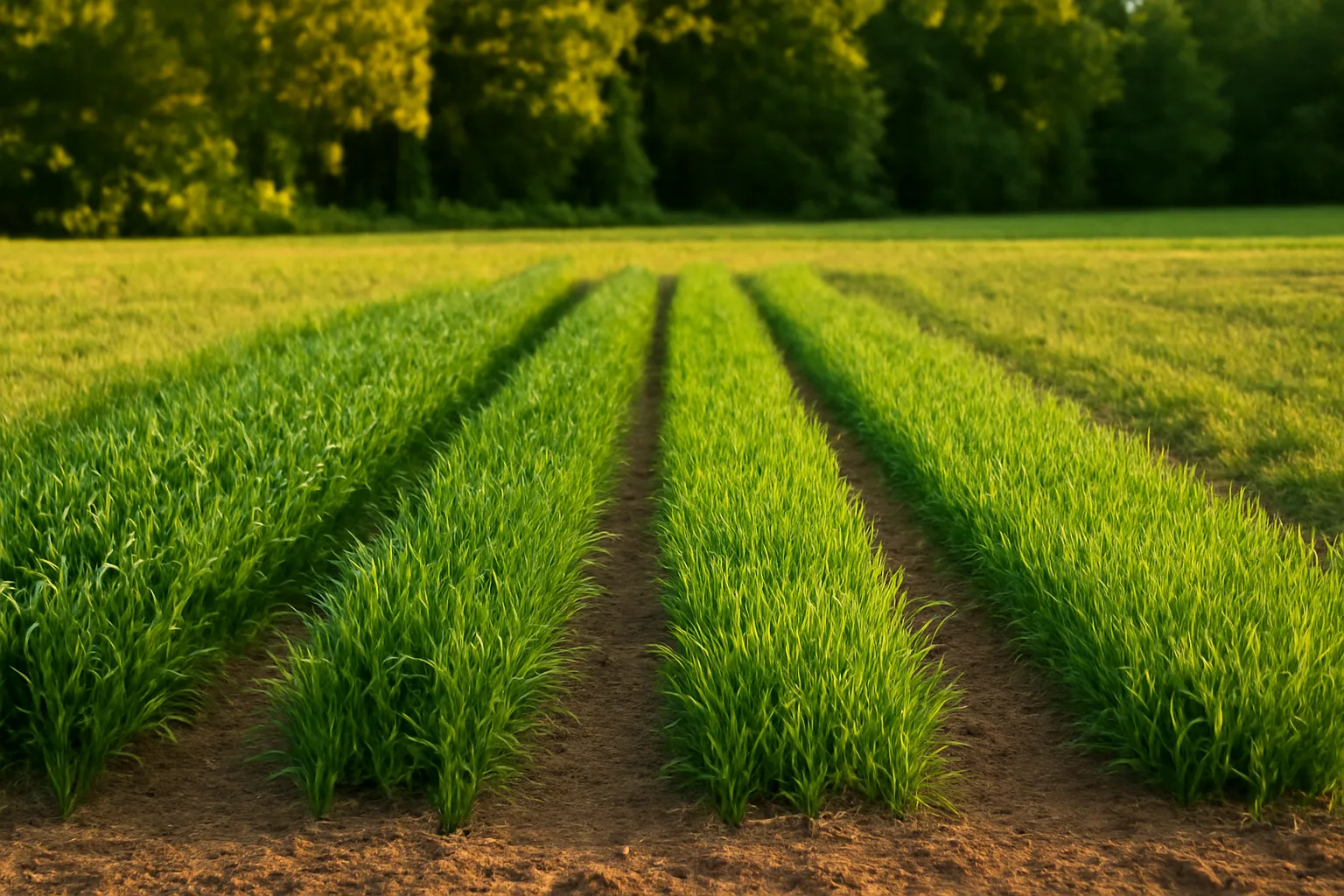 Four small side-by-side test strips of different food plot forages in a cleared field