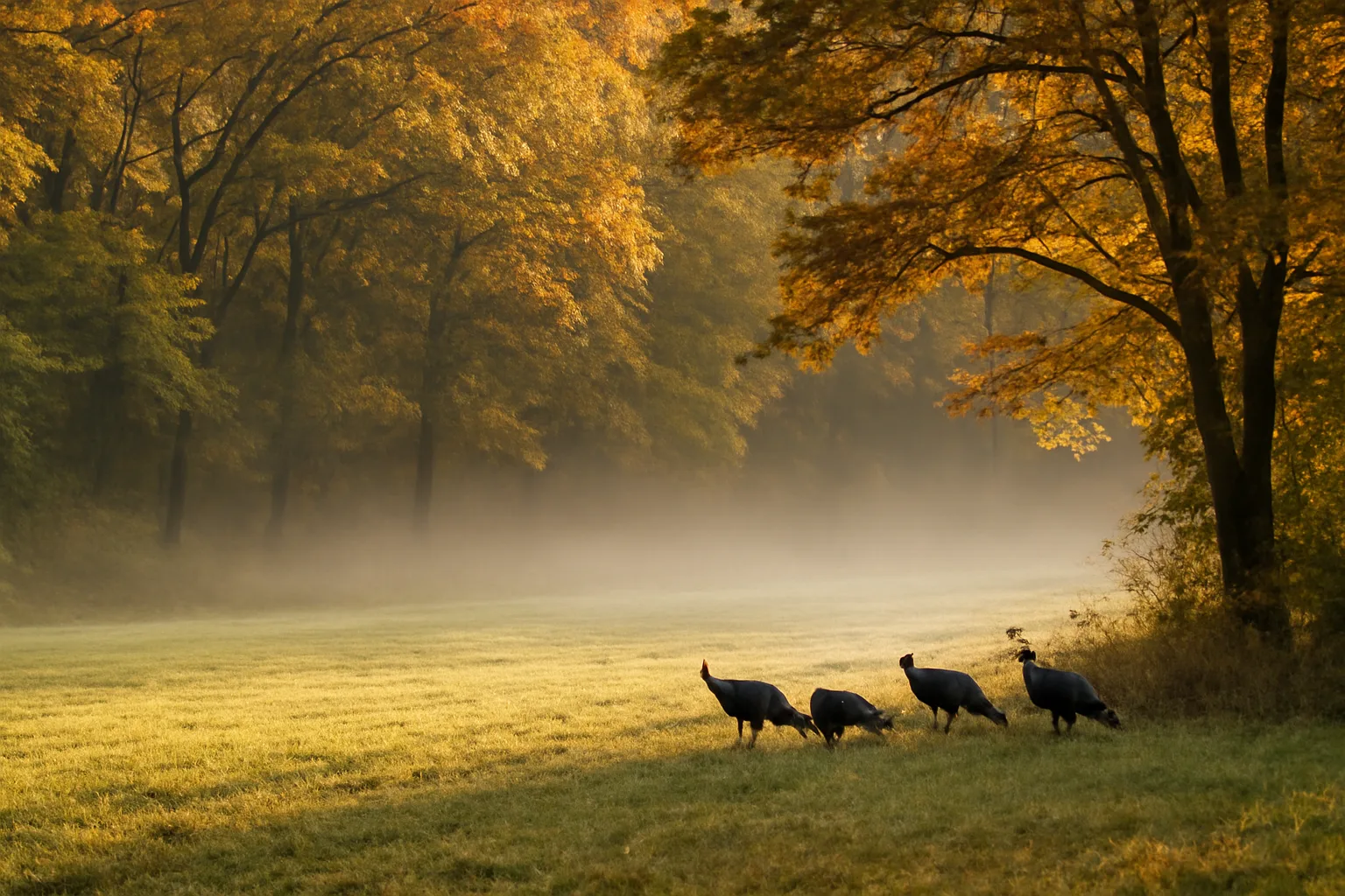 Turkeys feeding at the edge of a clover turkey food plot near timber