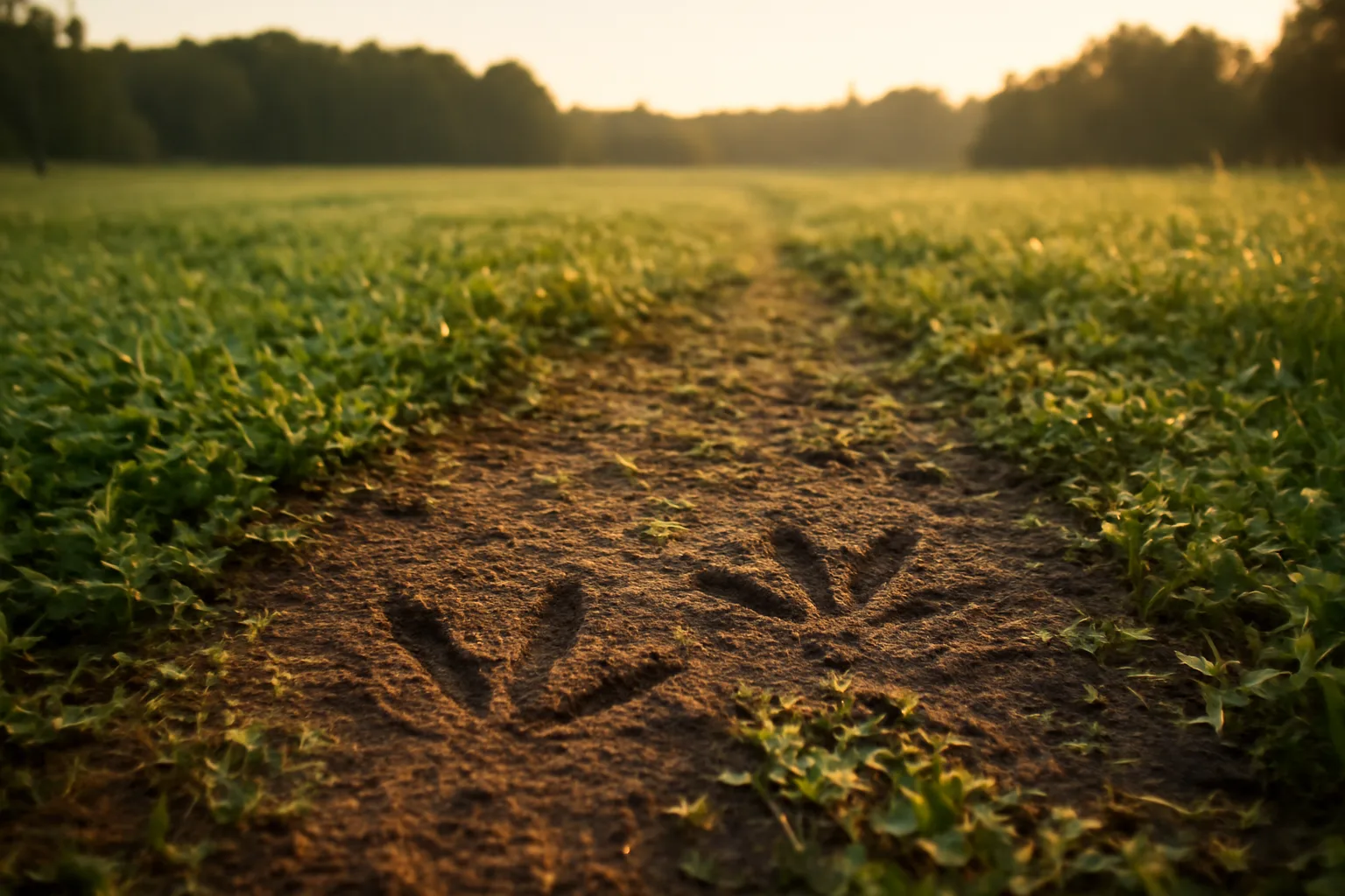 Dew-covered clover food plot at dawn with turkey tracks near a wooded edge